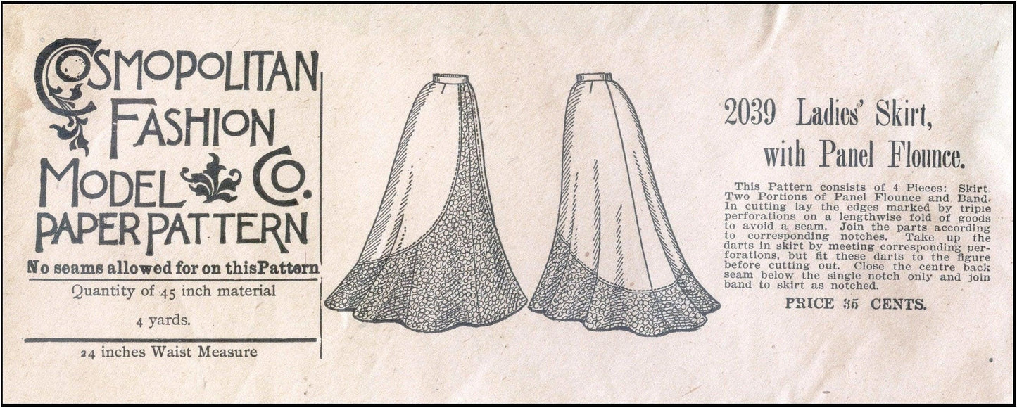 1897 Ladies Skirt with Panel Flounce - INSTANT DOWNLOAD - Victorian Pattern #E2039 - 26 Inch Waist [PDF - PRINT AT HOME]