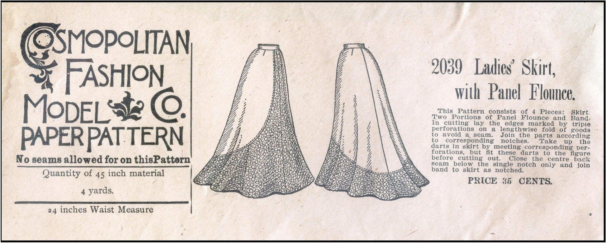 1897 Ladies Skirt with Panel Flounce - INSTANT DOWNLOAD - Victorian Pattern #E2039 - 26 Inch Waist [PDF - PRINT AT HOME]