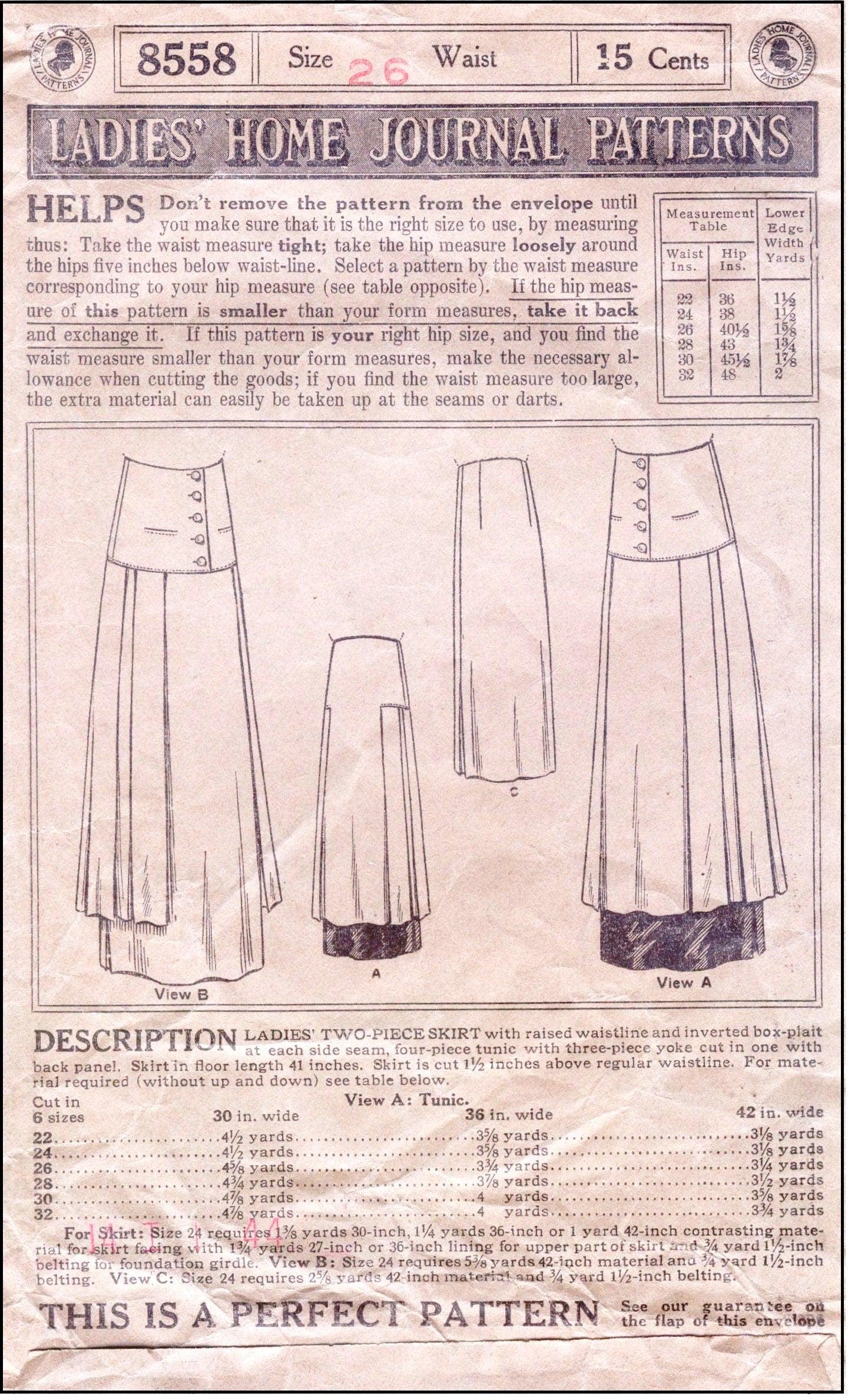 1910s Ladies Two-Piece Skirt With Tunic - INSTANT DOWNLOAD - Reproduction 1914 Sewing Pattern #E8558 - 26 Inch Waist [PDF - PRINT AT HOME]