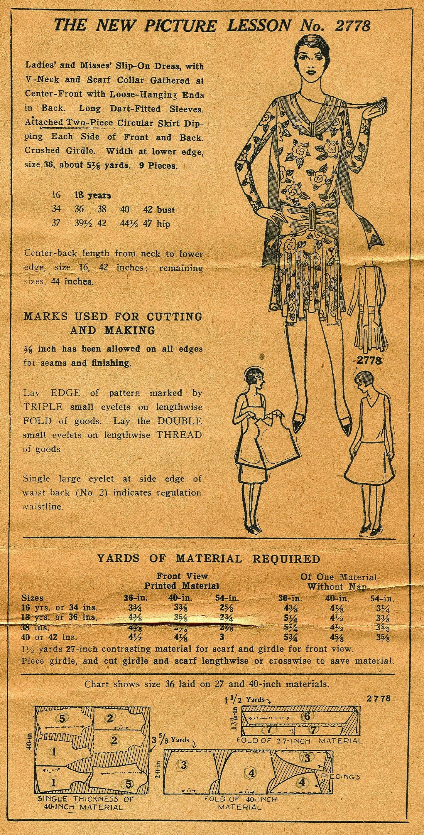 1920s Ladies Slip-On Dress With Scarf Collar - INSTANT DOWNLOAD - Pattern #Z2778 - 38 Inch Bust [PDF - PRINT AT HOME]