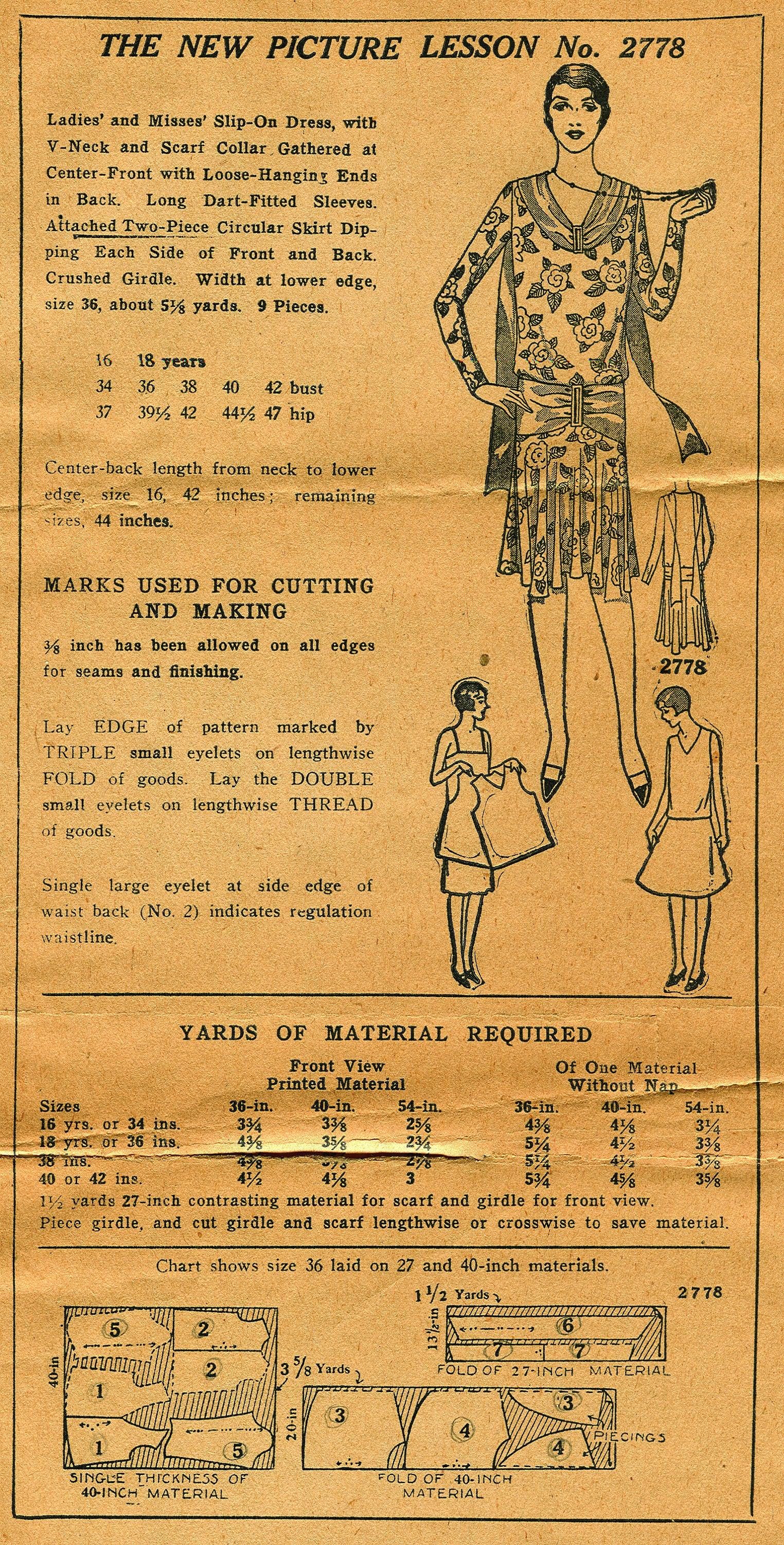 1920s Ladies Slip-On Dress With Scarf Collar - INSTANT DOWNLOAD - Pattern #Z2778 - 38 Inch Bust [PDF - PRINT AT HOME]
