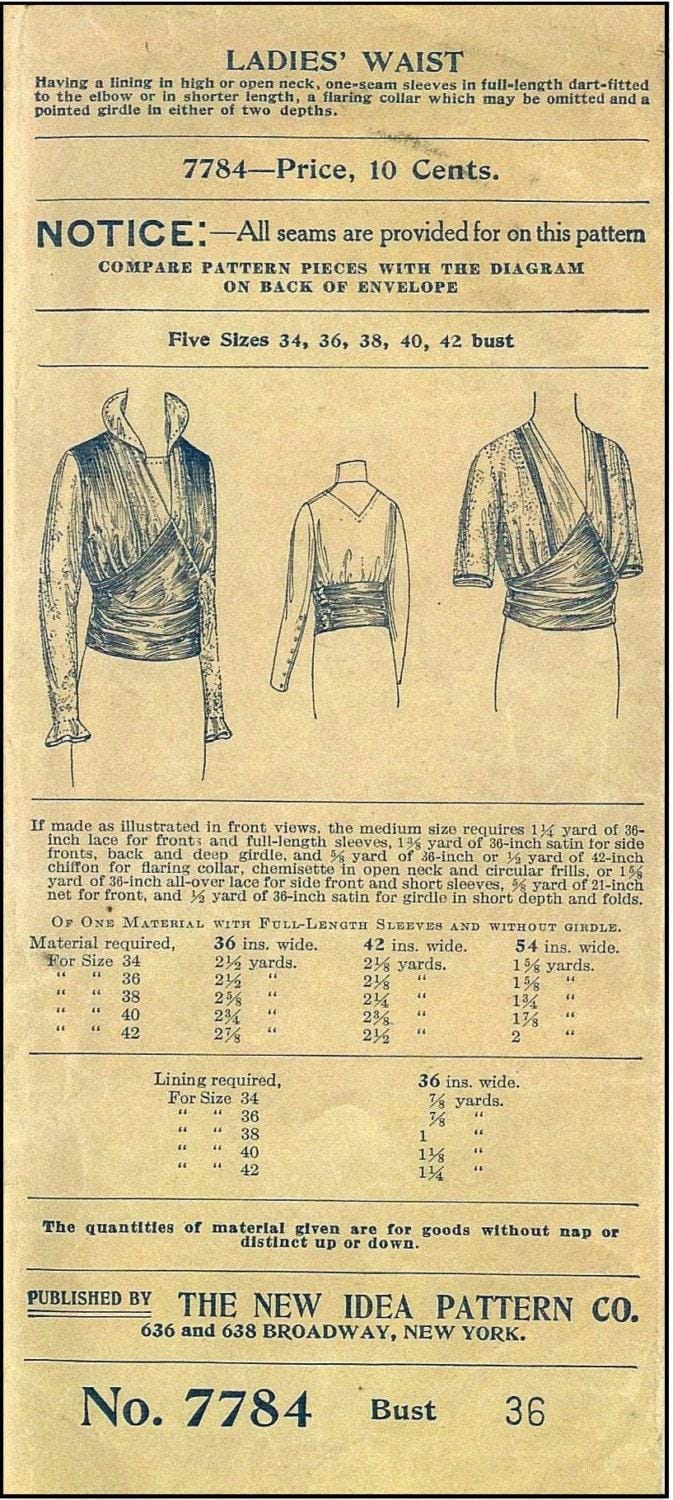 1912 Ladies Waist in Three Styles - INSTANT DOWNLOAD - Pattern #E7784 - 36 Inch Bust [PDF - PRINT AT HOME]