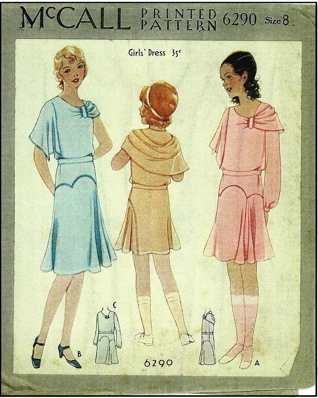 1930s Girl&#39;s Dress With Shoulder Drape - INSTANT DOWNLOAD - Reproduction Sewing Pattern #C6290 -Size 8 - 26 Inch Chest - PDF - Print at Home