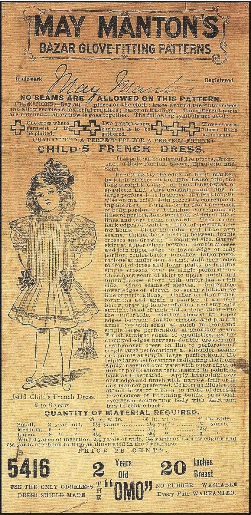1910 Child&#39;s French Dress With Tucks - INSTANT DOWNLOAD - Reproduction Sewing Pattern #C5416 - PDF - Print At Home