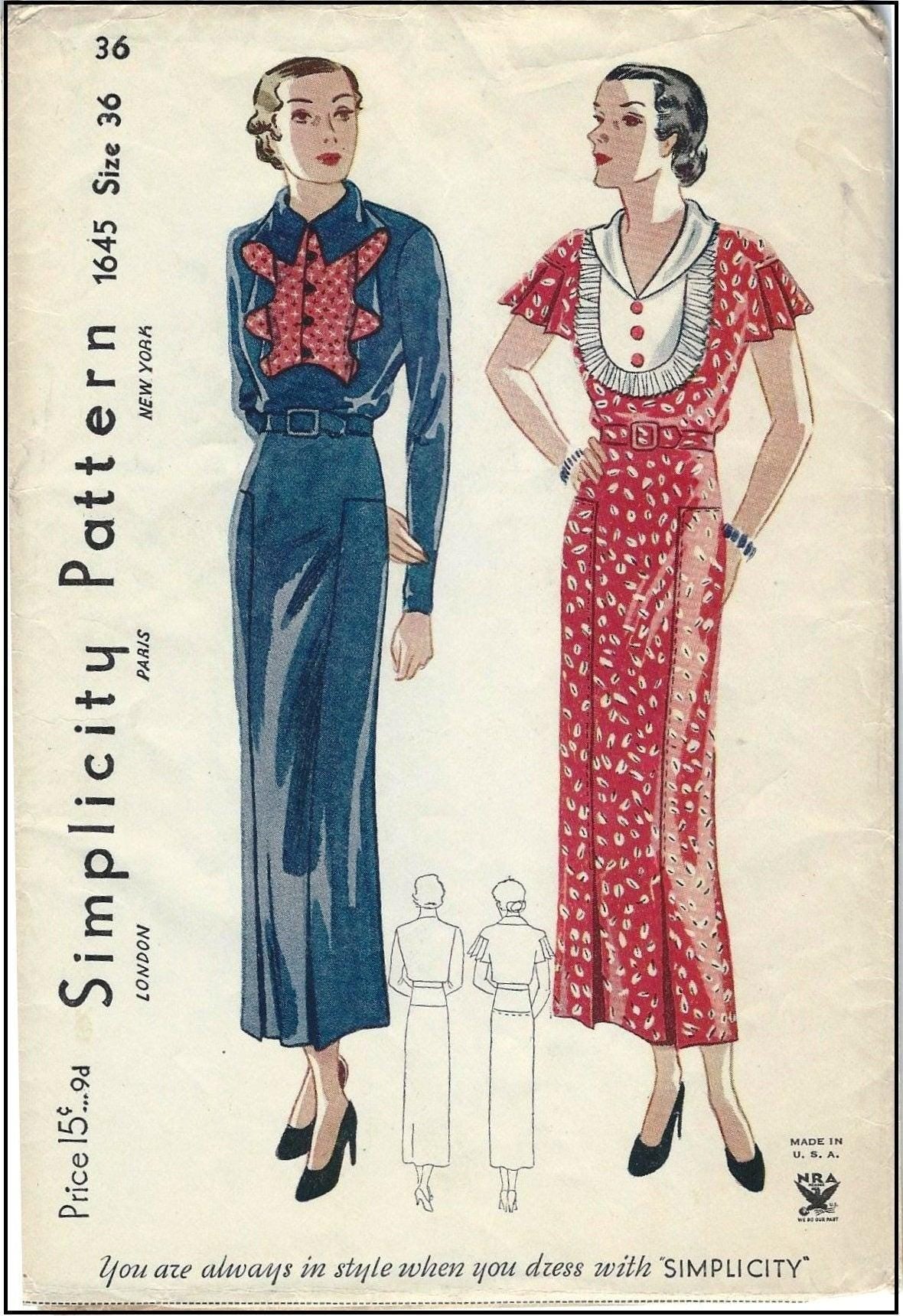 1930s Ladies Dress With Two Vestee Options - INSTANT DOWNLOAD - Reproduction 1935 Sewing Pattern #T1645 - 34 Inch Bust [PDF - PRINT AT HOME]