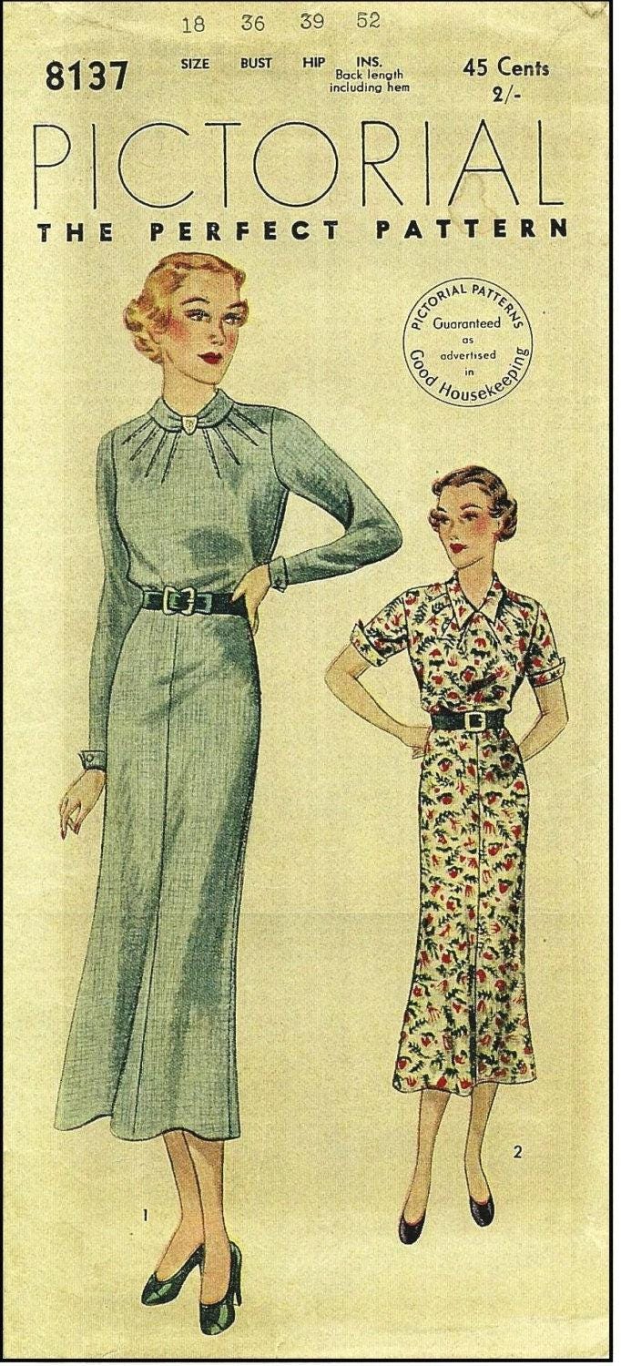 1930s Ladies Day Dress With Two Necklines - INSTANT DOWNLOAD - Reproduction 1936 Sewing Pattern #T8137 - 36 Inch Bust [PDF - PRINT AT HOME]
