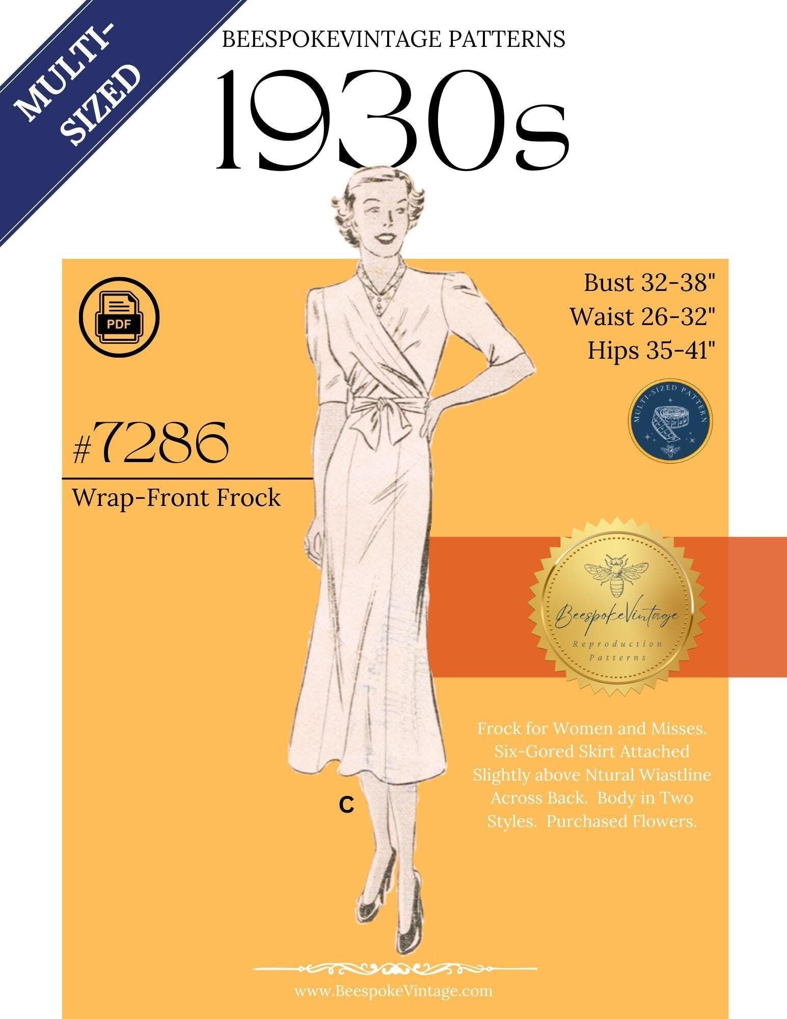 1930s Dress with Wrap Front - MULTISIZED Bust 32-54" Pattern #7286 [PDF - PRINT AT HOME]