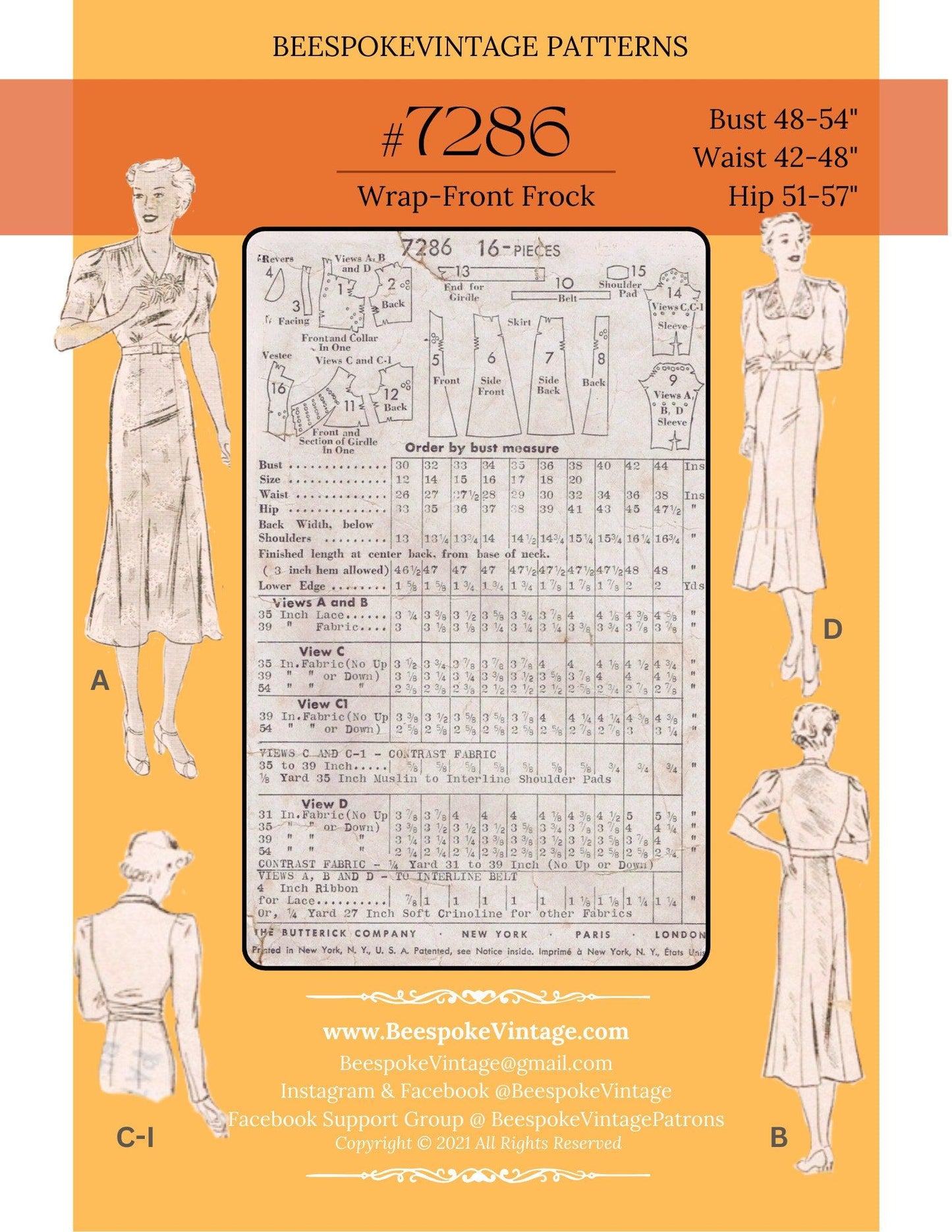 1930s Dress with Wrap Front - MULTISIZED Bust 32-54" Pattern #7286 [PDF - PRINT AT HOME]