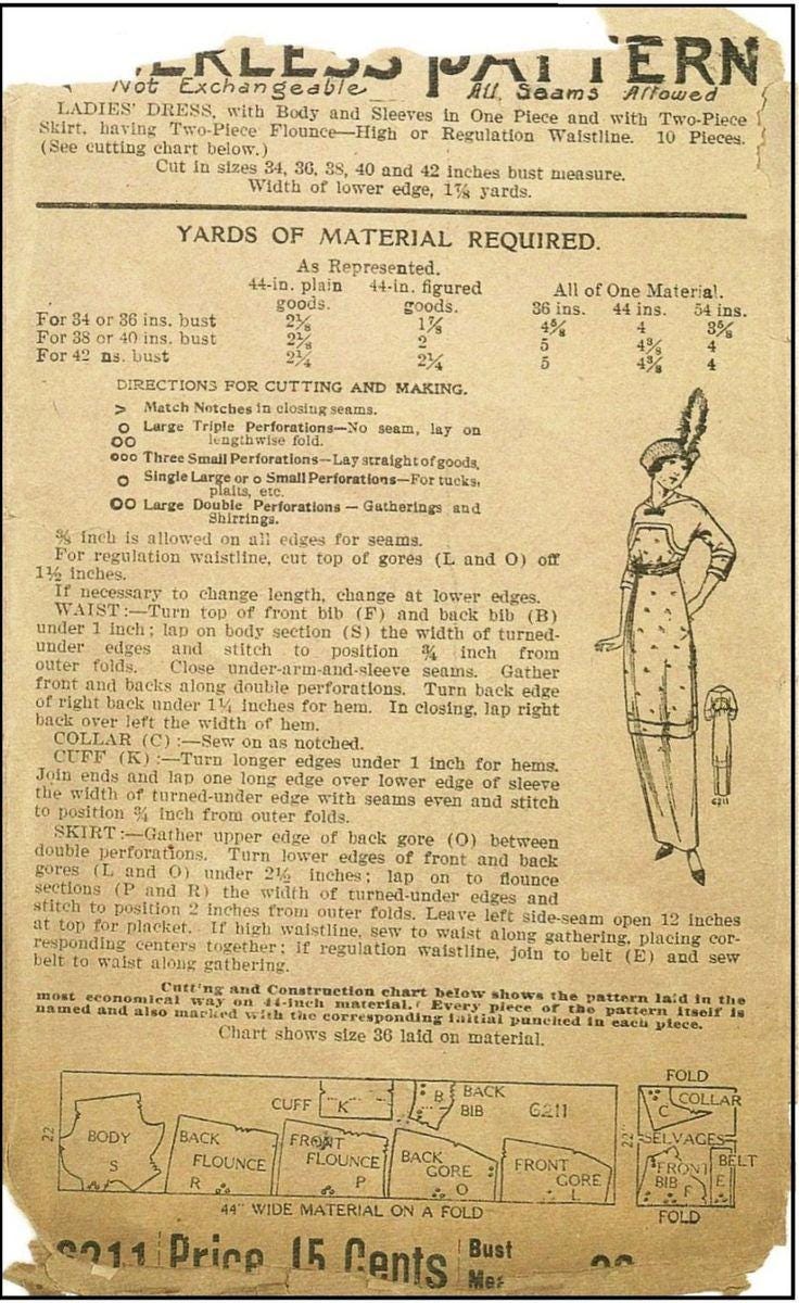 1910s Ladies Dress with Flounce - 1912 Pattern #E6211 - 36 Inch Bust
