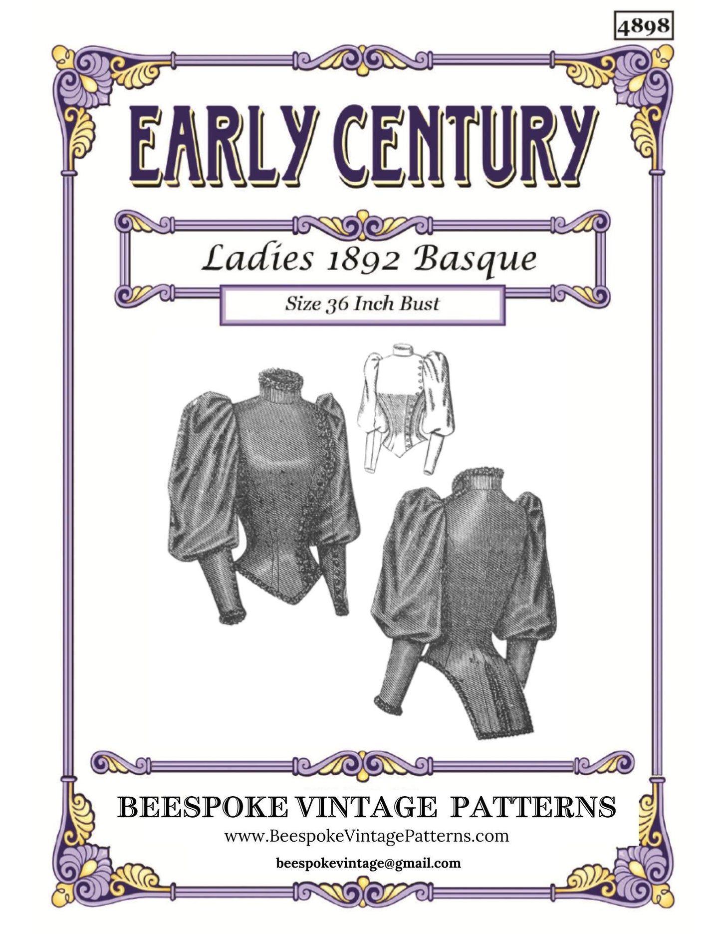 1890s Ladies Basque - INSTANT DOWNLOAD - Victorian Era - Reproduction 1892 Sewing Pattern #E4898 - 36 Inch Bust [PDF - PRINT AT HOME]