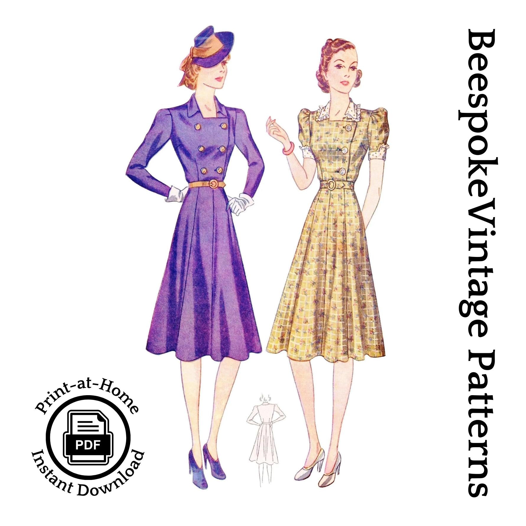 1940 Ladies Day Dress With Front Buttons - INSTANT DOWNLOAD - Reproduction Sewing Pattern #F3284 - 34 Inch Bust - PDF - Print At Home