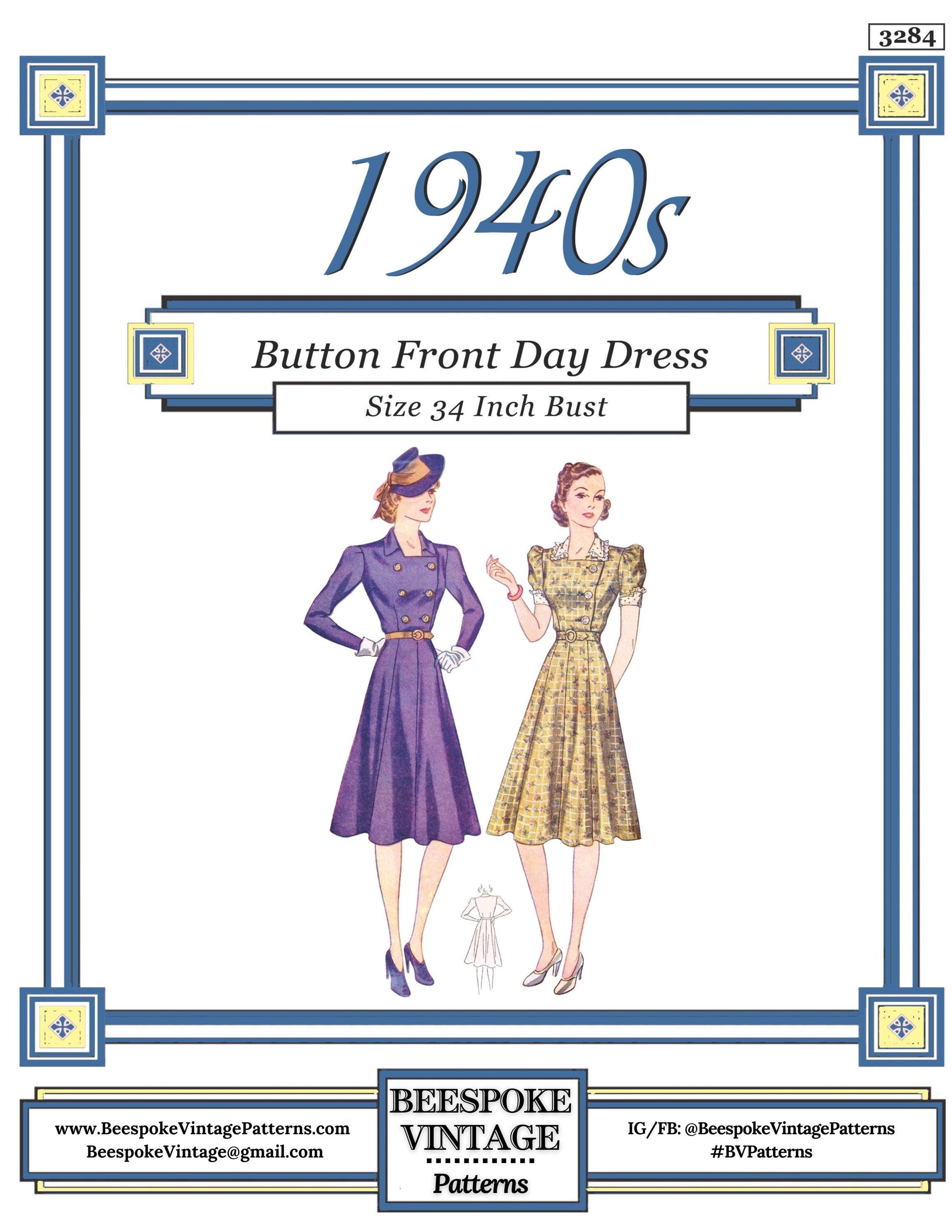 1940 Ladies Day Dress With Front Buttons - INSTANT DOWNLOAD - Reproduction Sewing Pattern #F3284 - 34 Inch Bust - PDF - Print At Home
