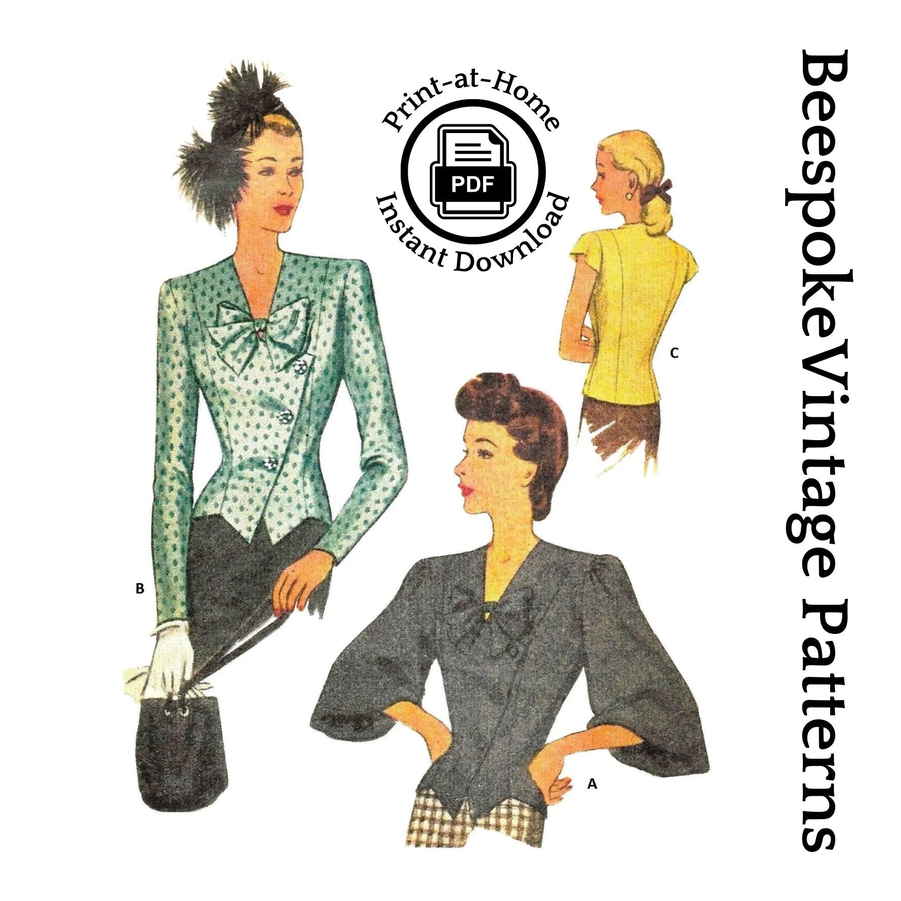 1940s Ladies Blouse With Three Sleeve Options - INSTANT DOWNLOAD - Reproduction 1946 Sewing Pattern #F6636 -36 Inch Bust - PDF-Print At Home