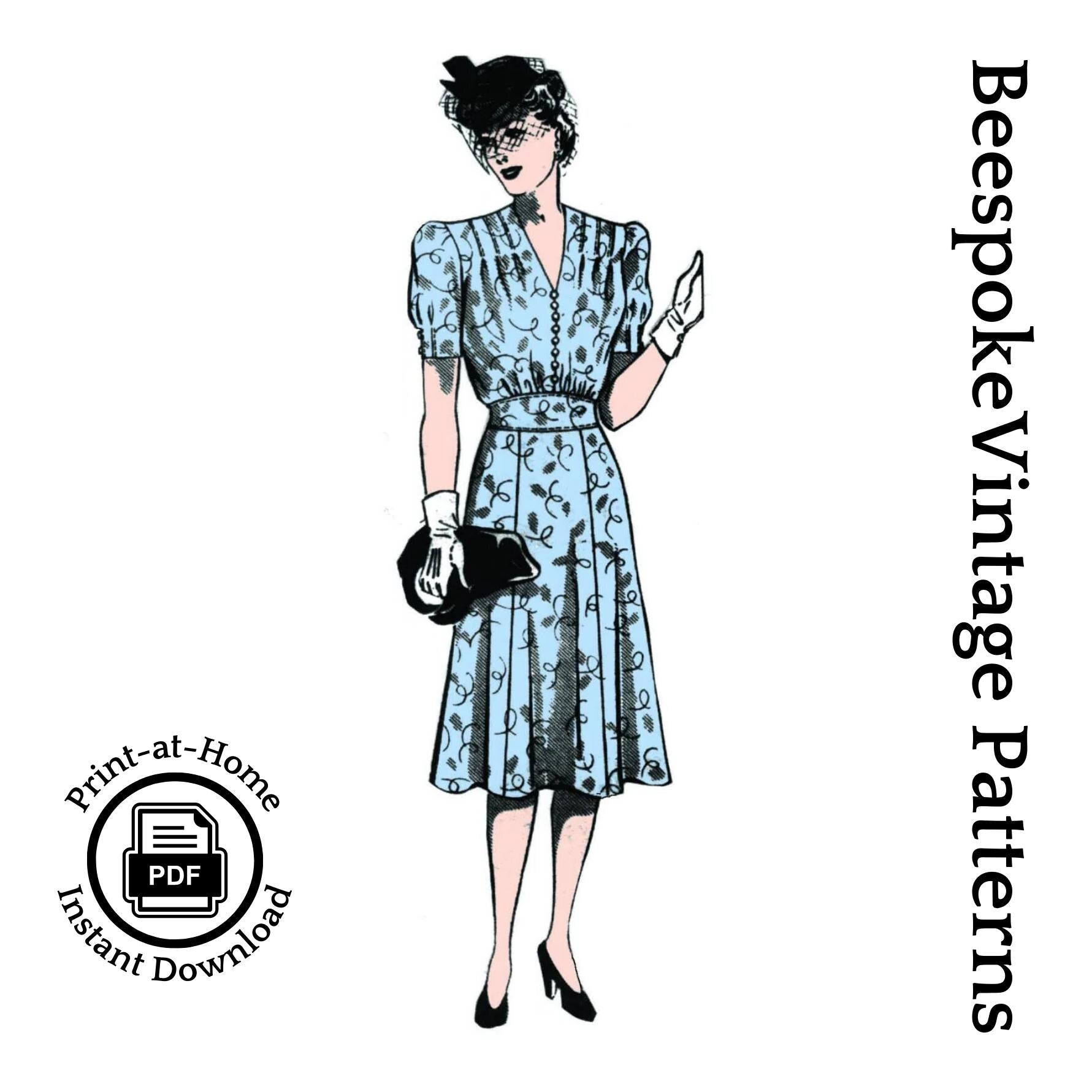 1940s Ladies Day Dress With Shoulder Tucks - INSTANT DOWNLOAD - Reproduction Sewing Pattern #F4732 - 38 Inch Bust - PDF - Print At Home