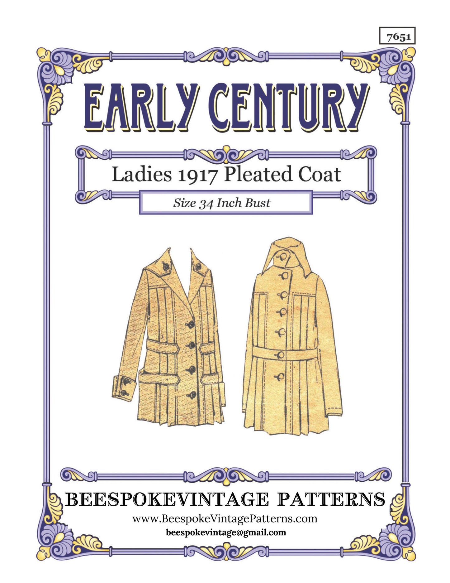 1917 Ladies Pleated Coat with Belt Options - INSTANT DOWNLOAD - Reproduction 1917 Sewing Pattern #E7651 - 34 Inch Bust [PDF - PRINT AT HOME]