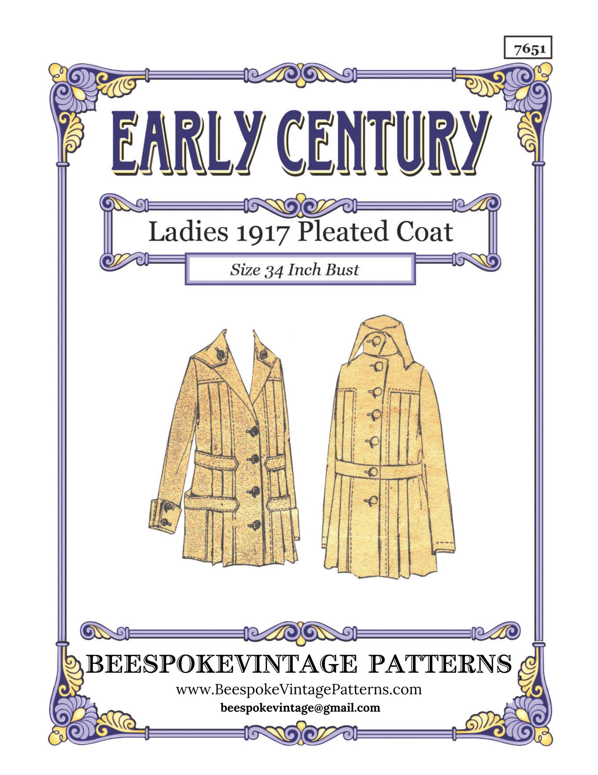 1917 Ladies Pleated Coat with Belt Options - INSTANT DOWNLOAD - Reproduction 1917 Sewing Pattern #E7651 - 34 Inch Bust [PDF - PRINT AT HOME]