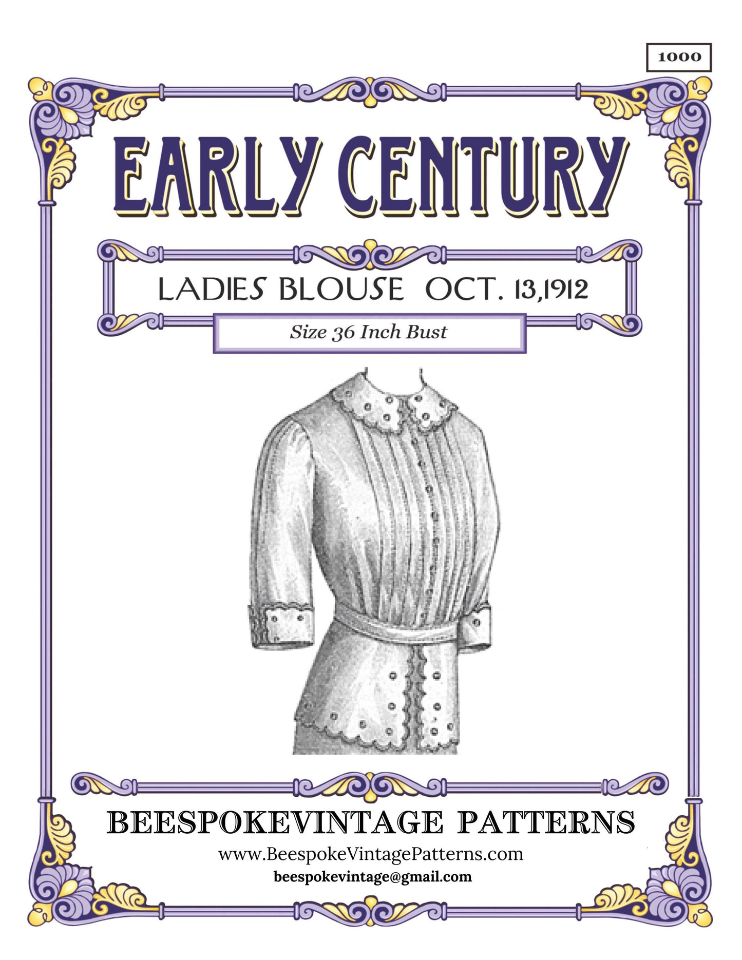 1912 Ladies Blouse With Embroidered Detailing - INSTANT DOWNLOAD - Pattern #E1000 - 36 Inch Bust [PDF - PRINT AT HOME]