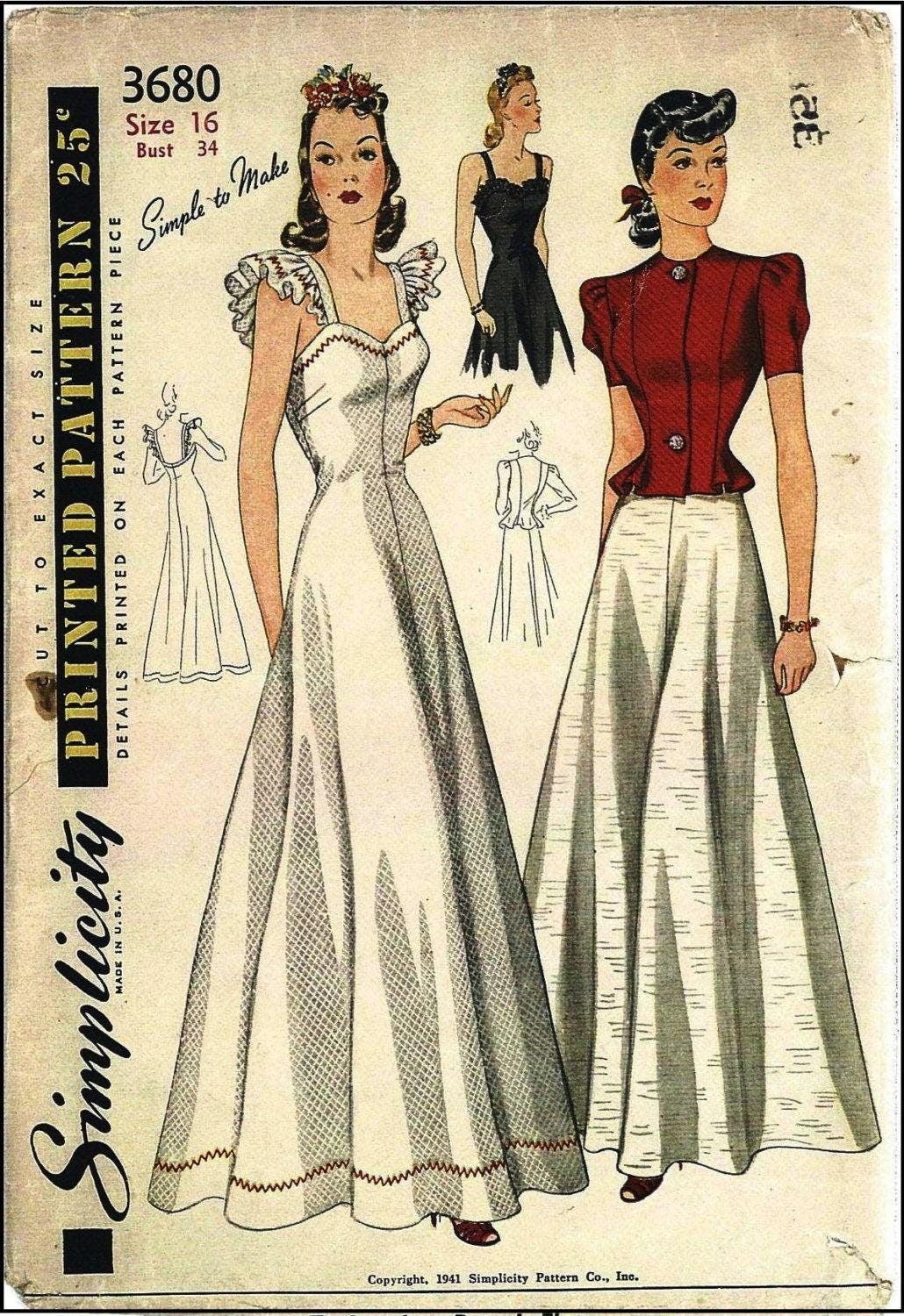 1940 Ladies Evening Gown with Jacket - INSTANT DOWNLOAD - Reproduction 1941 Sewing Pattern #F3680 - 34 Inch Bust - Print At Home - PDF