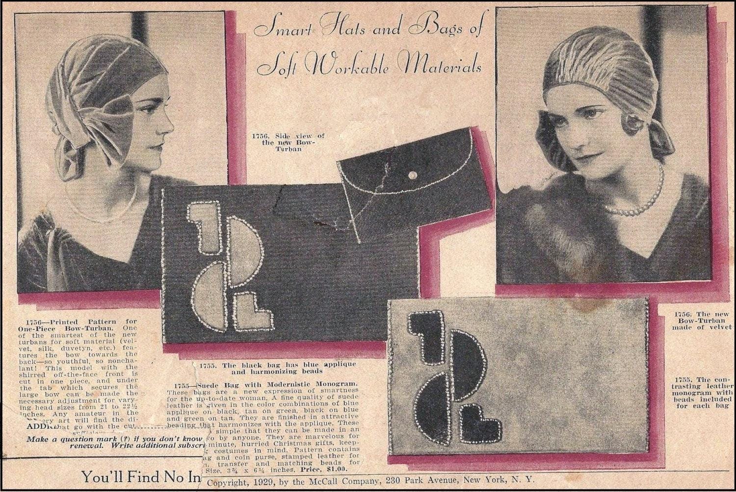 1920s Ladies Turban/Cloche With Bow - INSTANT DOWNLOAD - Reproduction 1929 Sewing Pattern #H1756 [PDF - PRINT AT HOME]