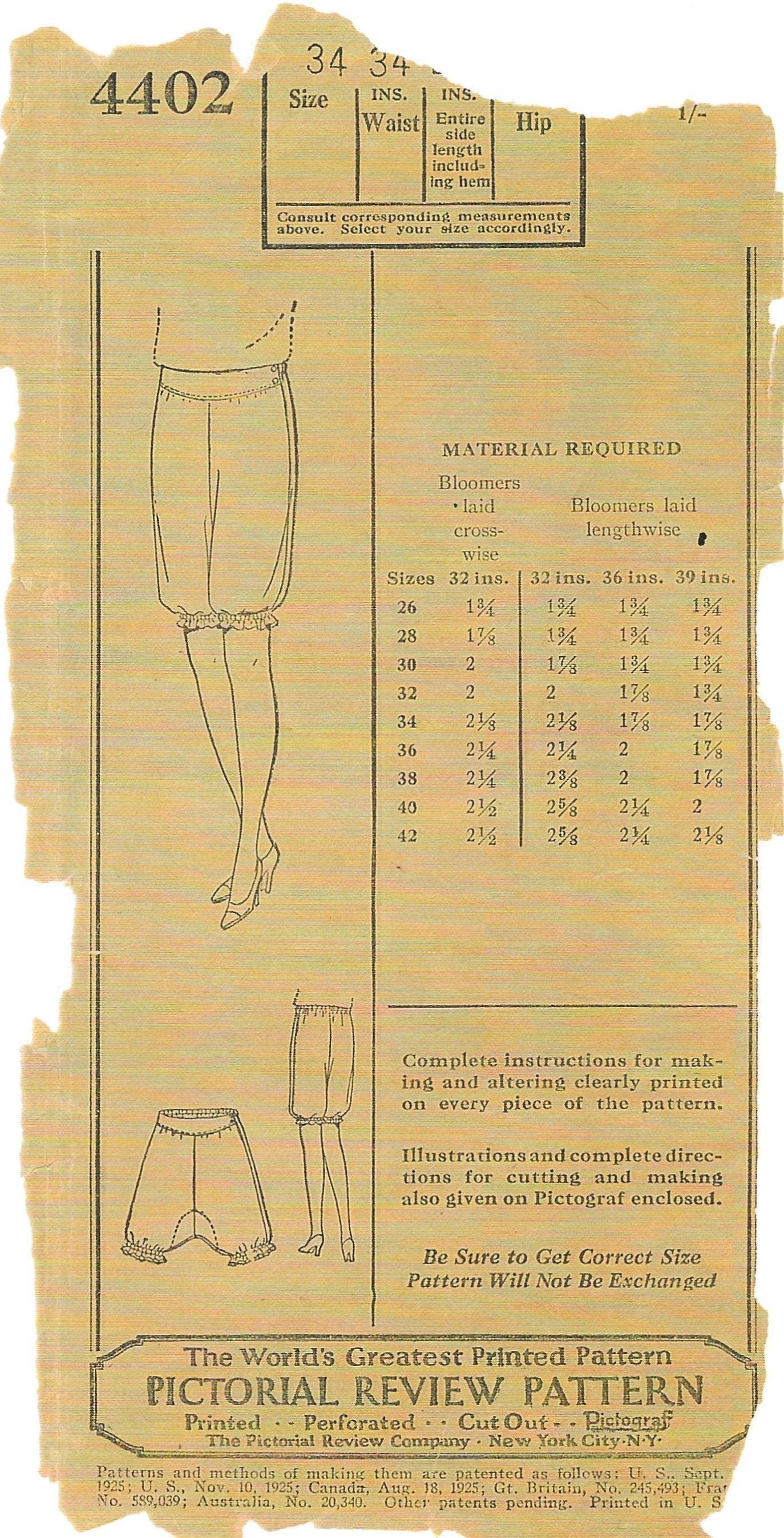 1920s Ladies Bloomers - INSTANT DOWNLOAD - Reproduction 1928 Sewing Pattern #Z4402 - 34 Inch Waist [PDF - PRINT AT HOME]