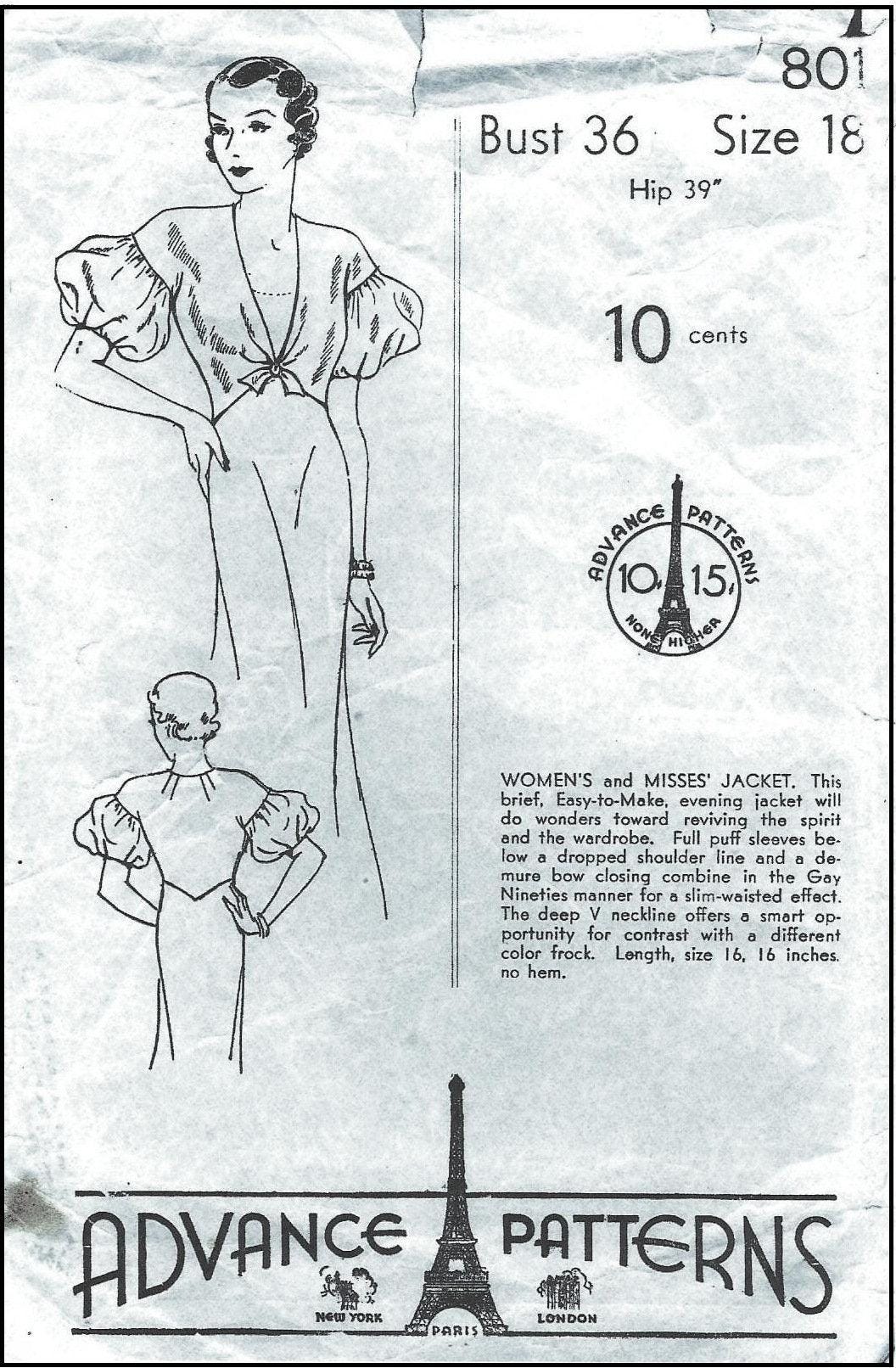 1930s Evening Jacket w/ Puff Sleeve - INSTANT DOWNLOAD - Reproduction 1933 Sewing Pattern #T0801 - 36 Inch Bust [PDF - PRINT AT HOME]