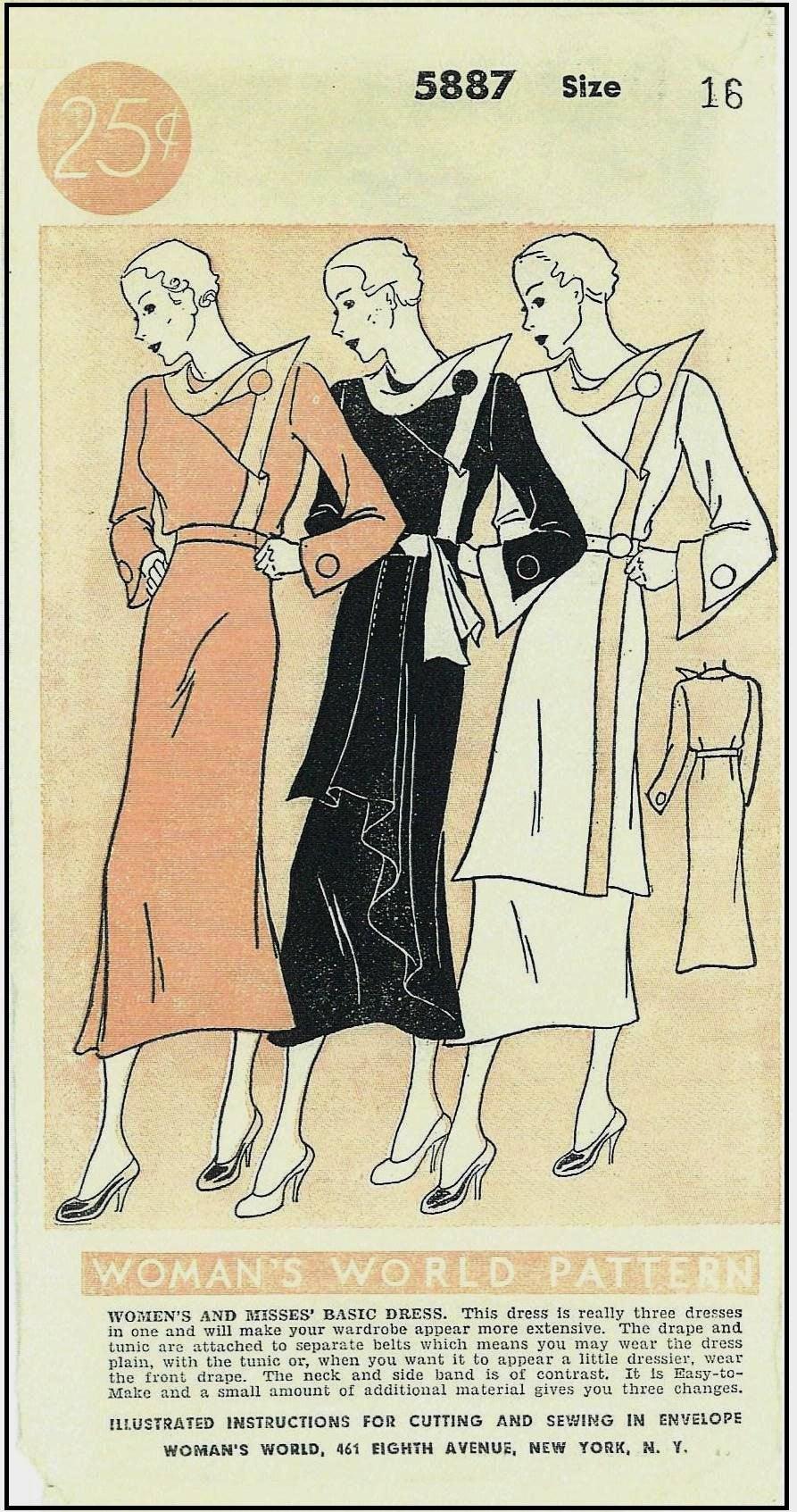 1930s Ladies Draped-Style Day Dress - INSTANT DOWNLOAD - Reproduction 1935 Sewing Pattern #T5887 - 32 Inch Bust [PDF - PRINT AT HOME]