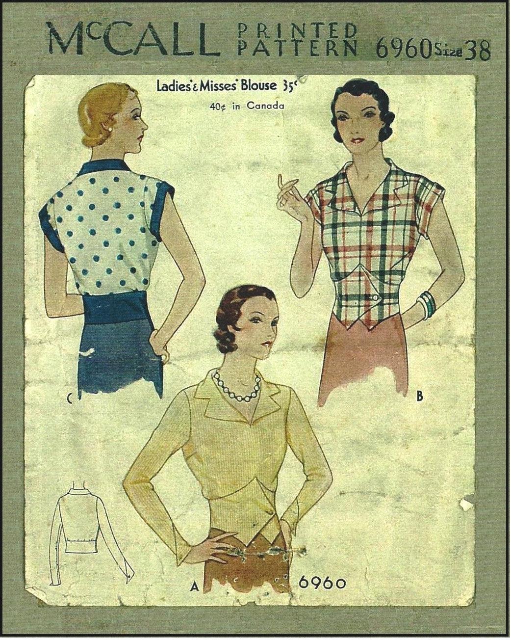 1930s Ladies Blouse In Vest Style - INSTANT DOWNLOAD - Reproduction 1932 Sewing Pattern #T6960 - 38 Inch Bust [PDF - PRINT AT HOME]