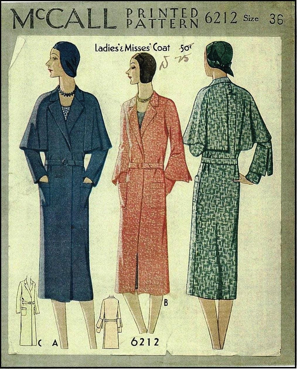 1930 Ladies Coat With Optional Cape - INSTANT DOWNLOAD - Pattern #T6212 - 34 Inch Bust [PDF - PRINT AT HOME]