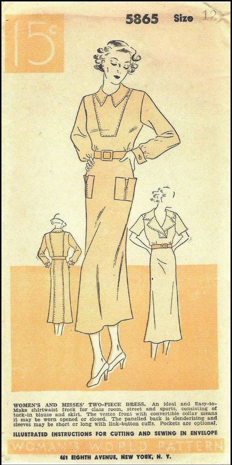 1930s Junior Two Piece School/Sport Dress - INSTANT DOWNLOAD - Reproduction 1935 Sewing Pattern #T5865 - 30 Inch Bust [PDF - PRINT AT HOME]