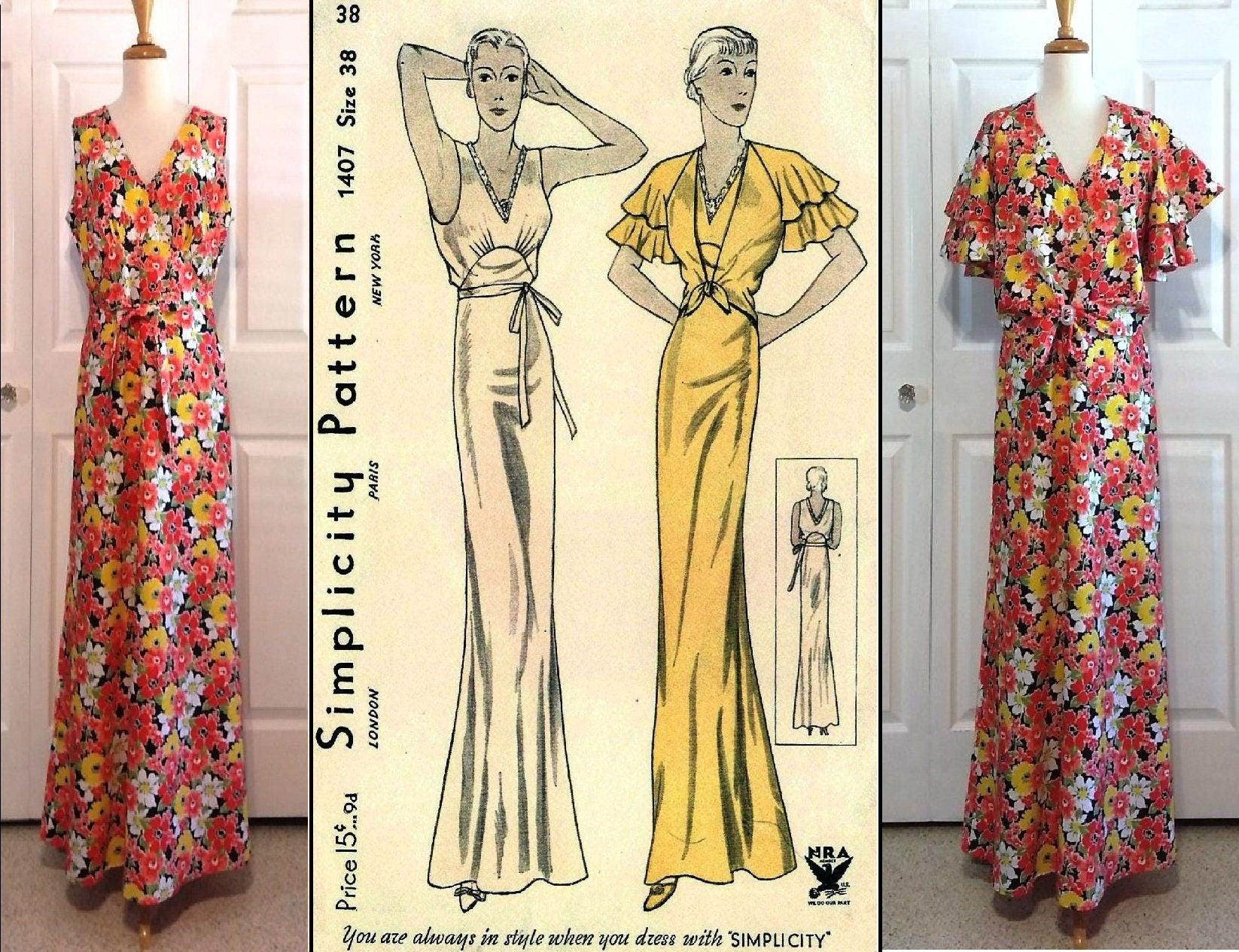 1930s Ladies Lingerie Nightgown with Jacket - INSTANT DOWNLOAD - Reproduction 1934 Sewing Pattern #T1407 - 38 Inch Bust -PDF - Print At Home