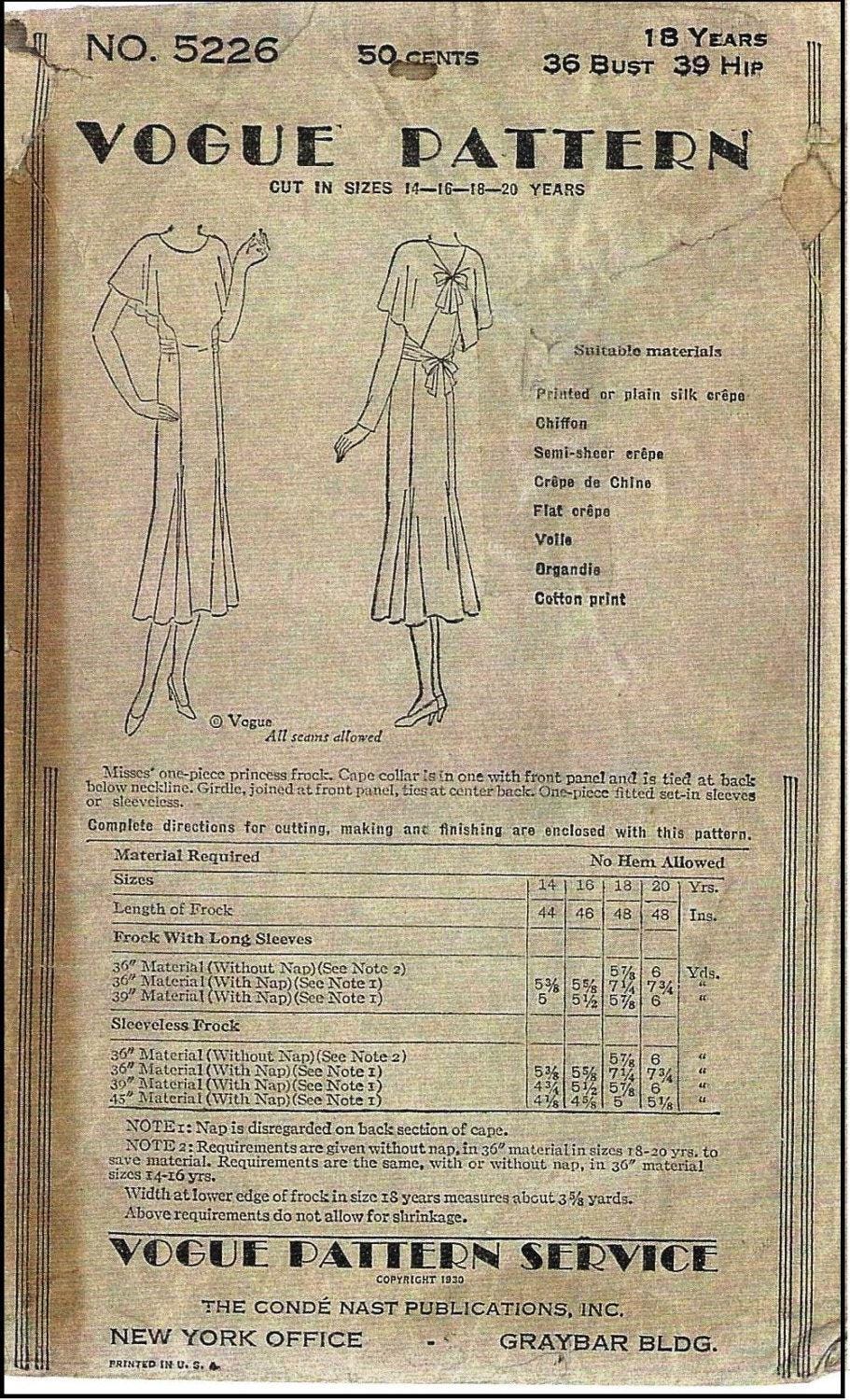 1930 Ladies Day Dress With Capelet Back - INSTANT DOWNLOAD - Pattern #T5226 [PDF - PRINT AT HOME]