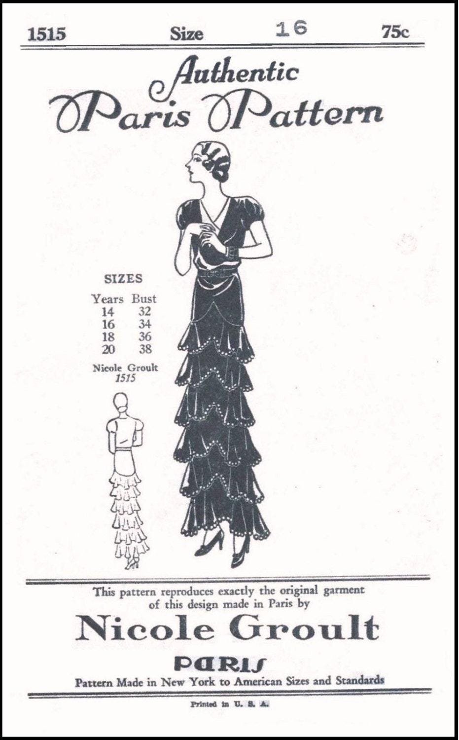 1930s Evening Gown by Nicole Groult - INSTANT DOWNLOAD - Reproduction 1931 Sewing Pattern #T1515 - 34 Inch Bust [PDF - PRINT AT HOME]