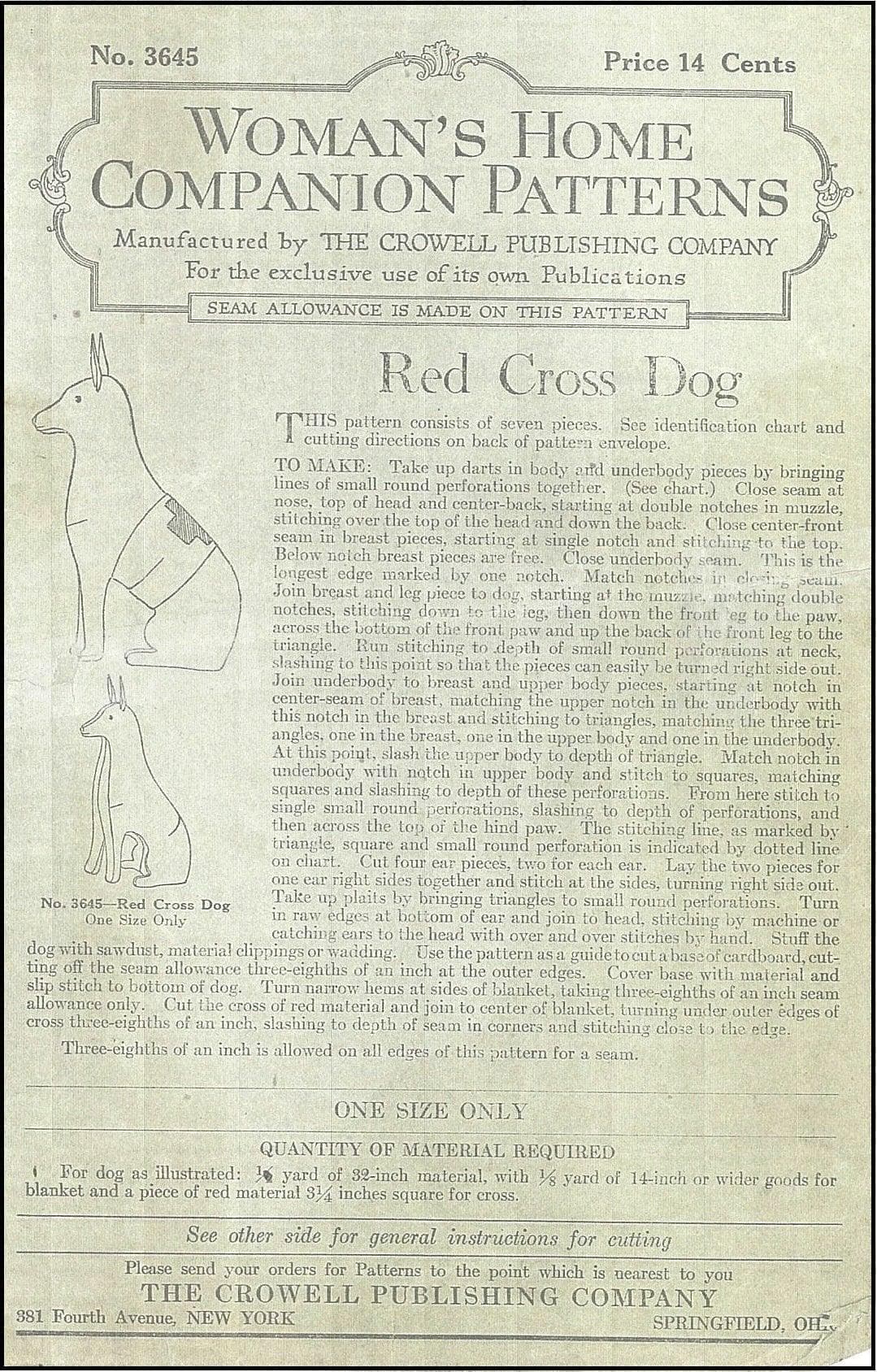 1916 Red Cross Dog Sewing Pattern - INSTANT DOWNLOAD - Pattern #N3645 - WWI Fund Raiser - pdf - Print At Home