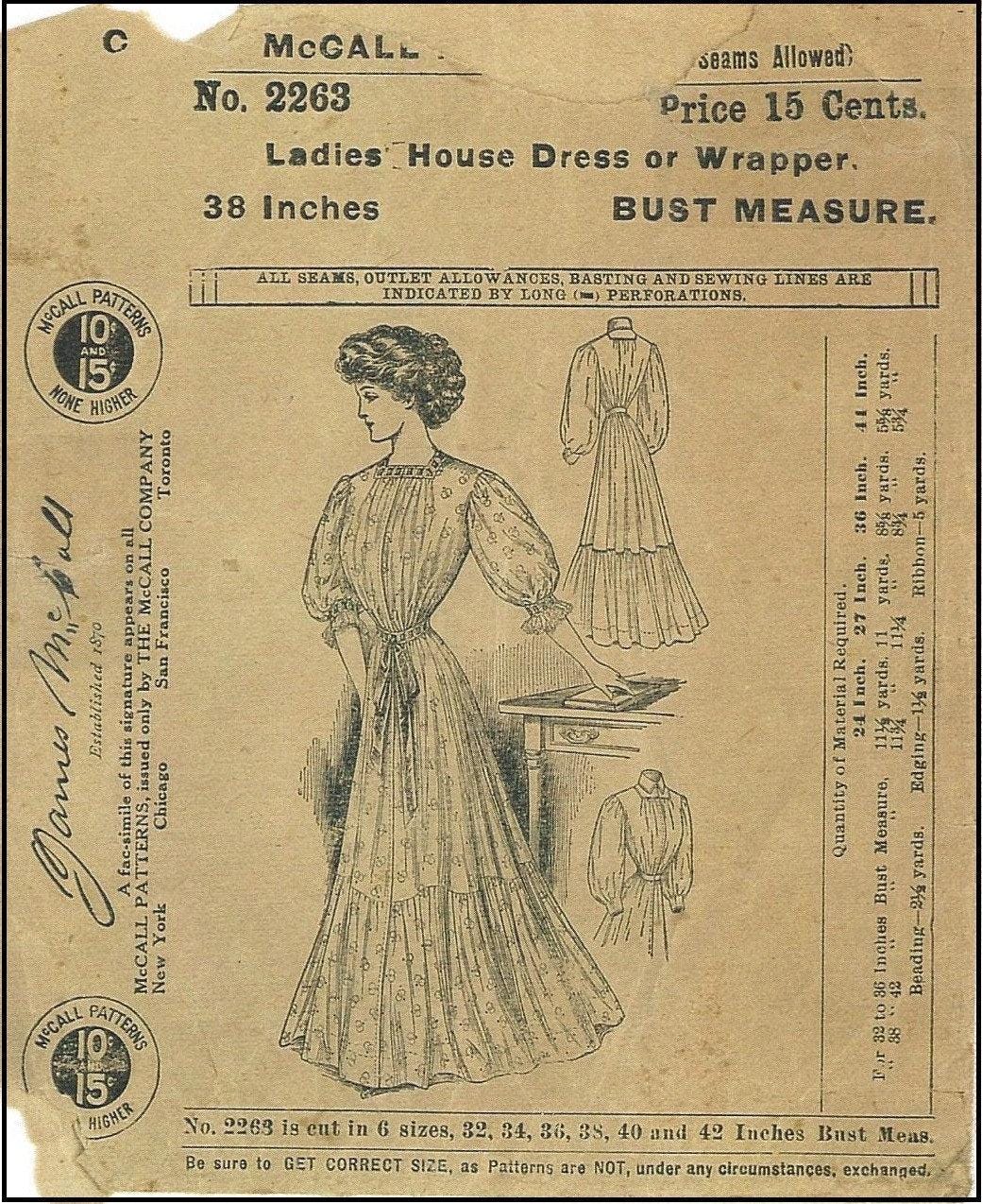 1908 Ladies House Dress or Wrapper - INSTANT DOWNLOAD - Pattern #E2263 - 38 Inch Bust [PDF - PRINT AT HOME]