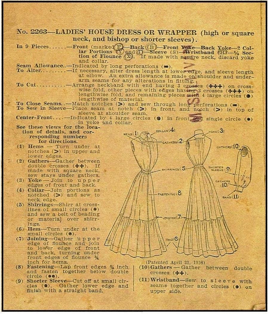 1908 Ladies House Dress or Wrapper - INSTANT DOWNLOAD - Pattern #E2263 - 38 Inch Bust [PDF - PRINT AT HOME]