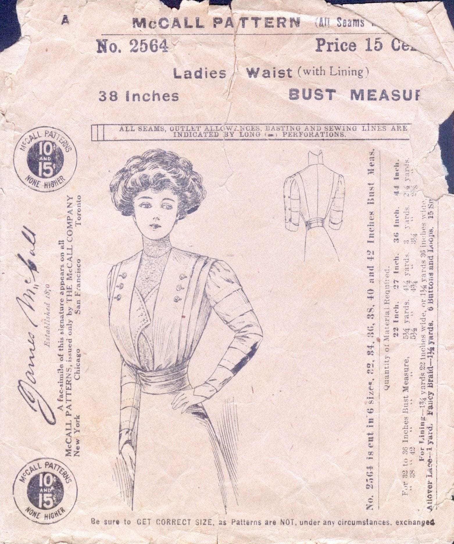 1910 Ladies Waist With Belt And Two Sleeves - INSTANT DOWNLOAD - Pattern #E2564 - 38 Inch Bust [PDF - PRINT AT HOME]
