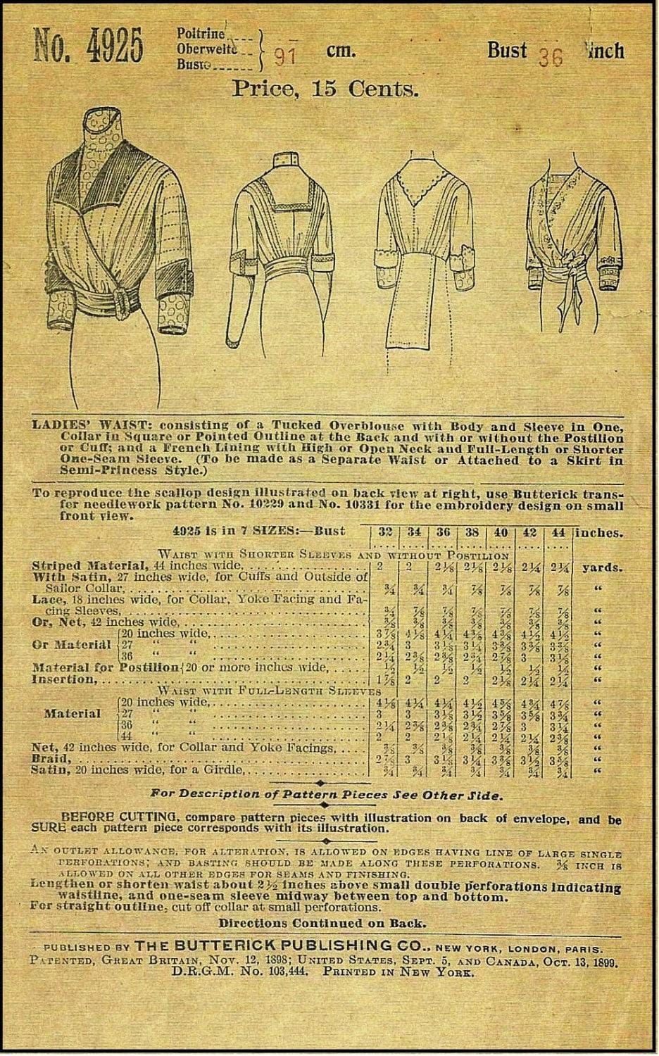 1912 Ladies Waist in Four Styles - INSTANT DOWNLOAD - Pattern #E4925 - 36 Inch Bust [PDF - PRINT AT HOME]