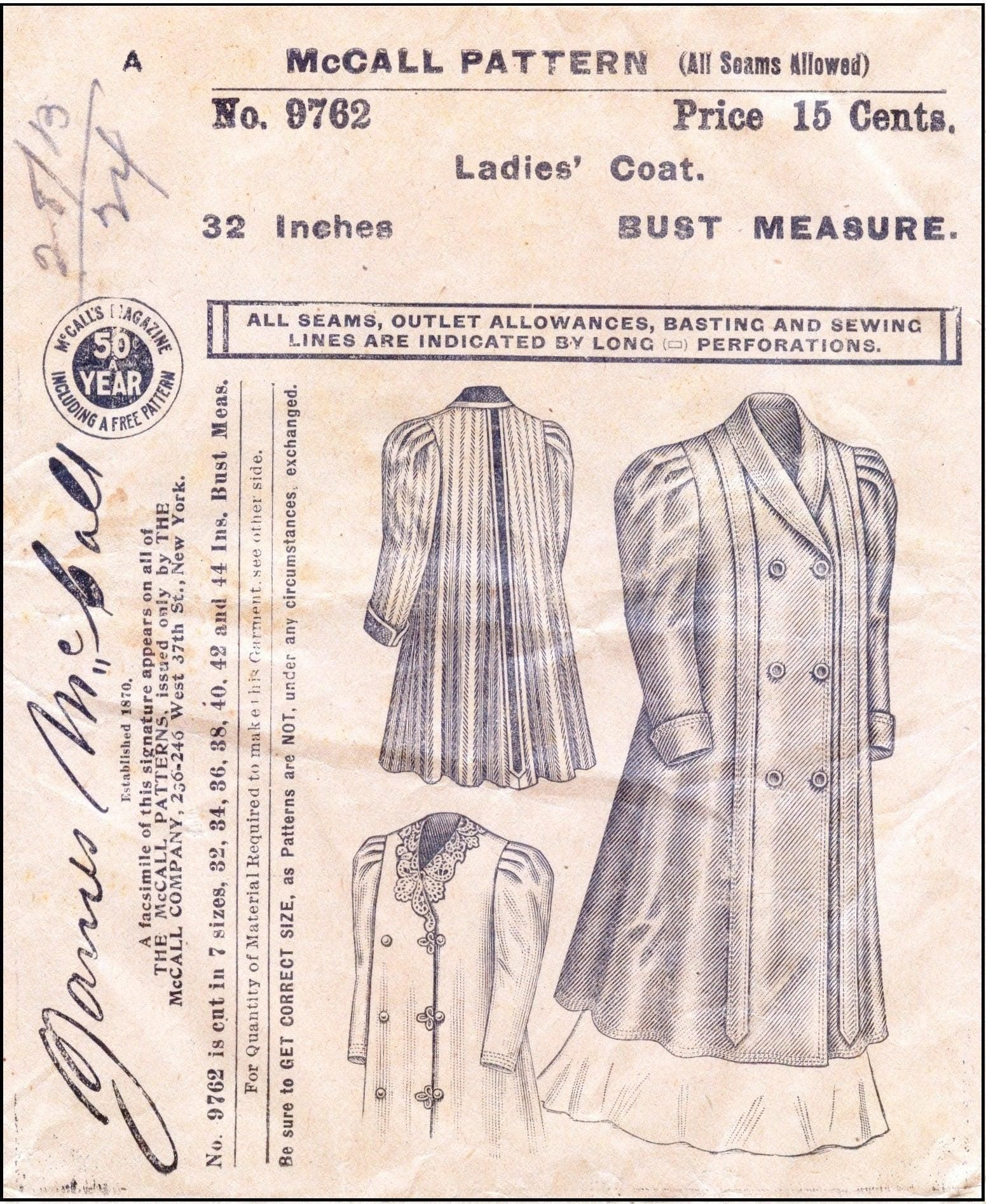 1900s Young Ladies Double-Breasted Coat - INSTANT DOWNLOAD - Reproduction 1908 Sewing Pattern #E9762 - 32 Inch Bust [PDF - PRINT AT HOME]