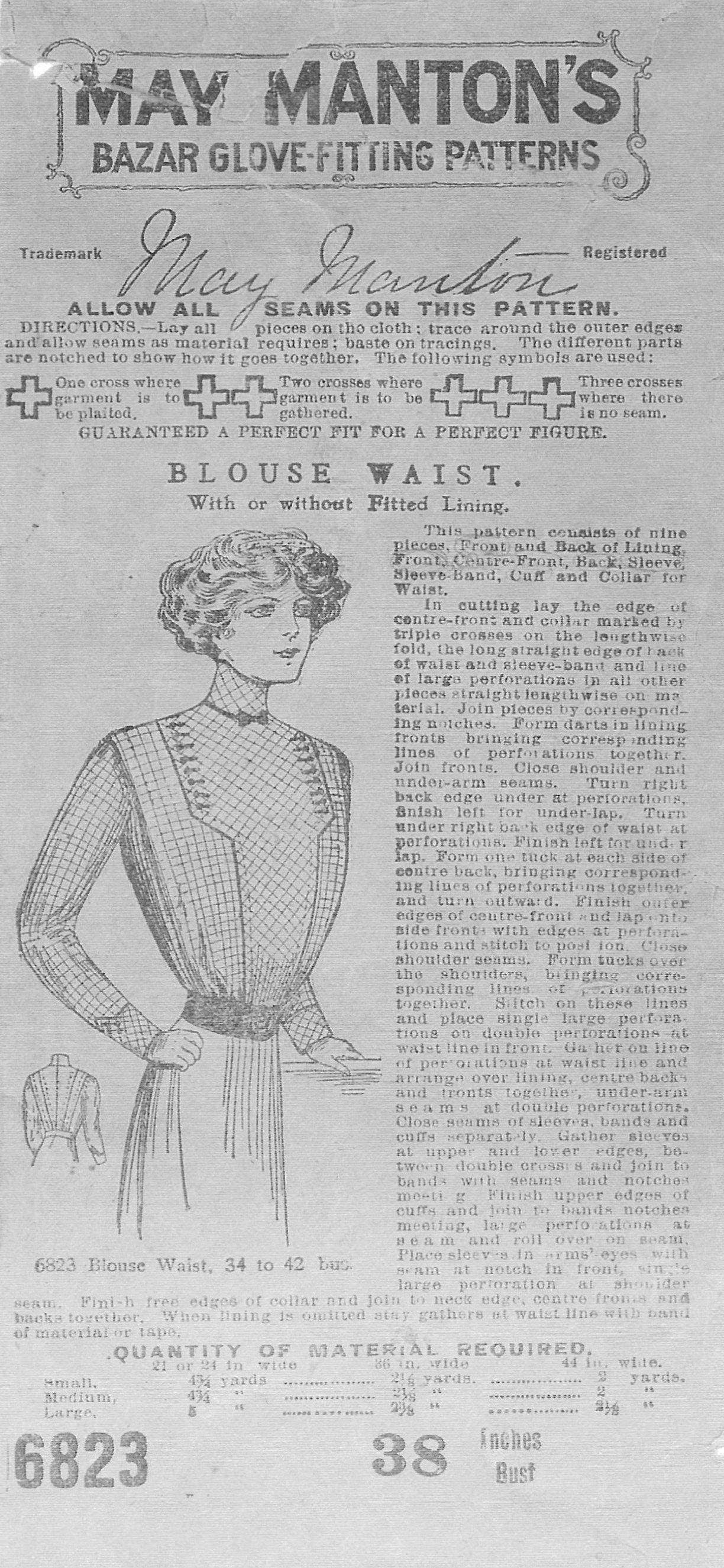 1910 Ladies Waist With Optional Lining - INSTANT DOWNLOAD - Pattern #E6823 - 38 Inch Bust [PDF - PRINT AT HOME]