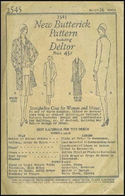 1920s Ladies Straight Coat With Optional Quilting - INSTANT DOWNLOAD - Reproduction 1929 Pattern #Z2545 - 36 Inch Bust [PDF - PRINT AT HOME]