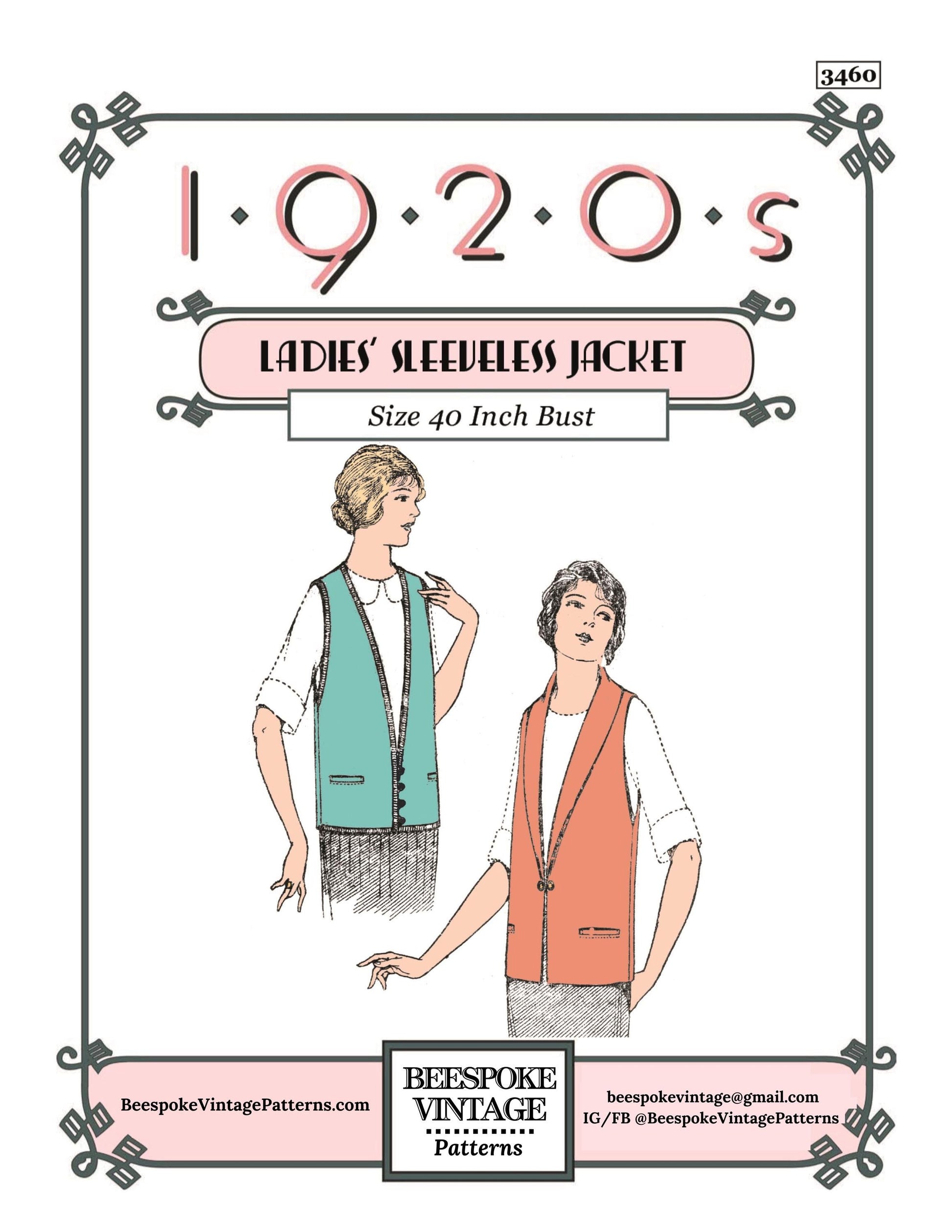 1920s Ladies Sleeveless Sport Jacket - INSTANT DOWNLOAD - Reproduction 1924 Sewing Pattern #Z3460 - 40 Inch Bust [PDF - PRINT AT HOME]