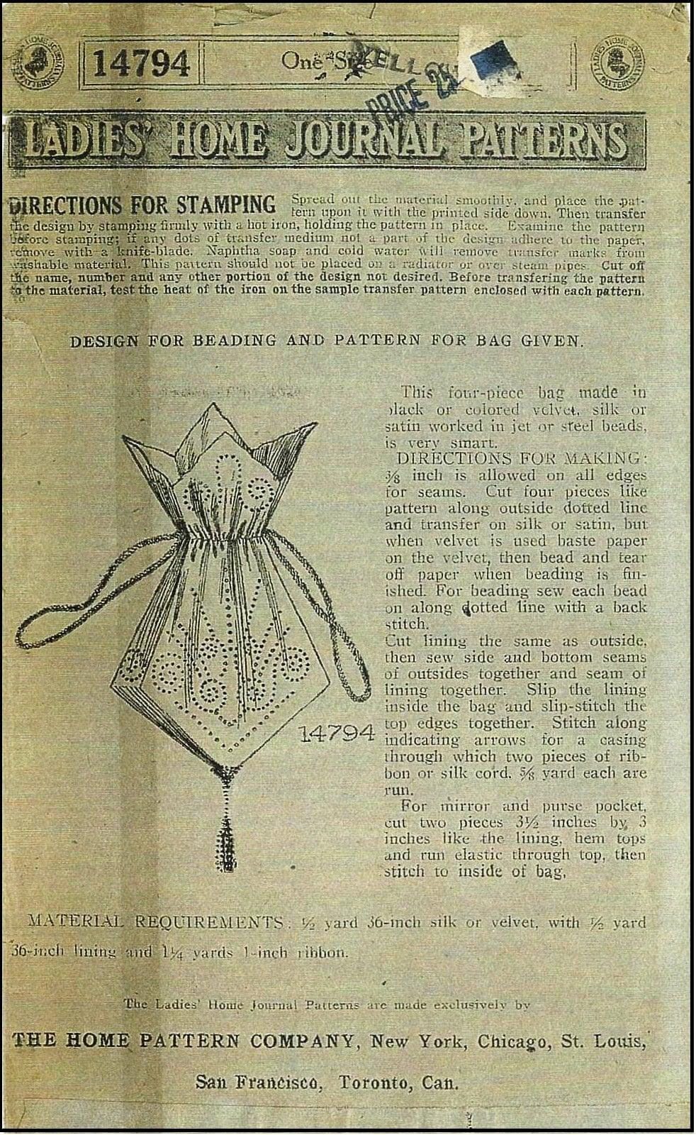 1912 Beaded Drawstring Handbag - INSTANT DOWNLOAD - Pattern #A14794 - Edwardian Era Reticule [PDF - PRINT AT HOME]