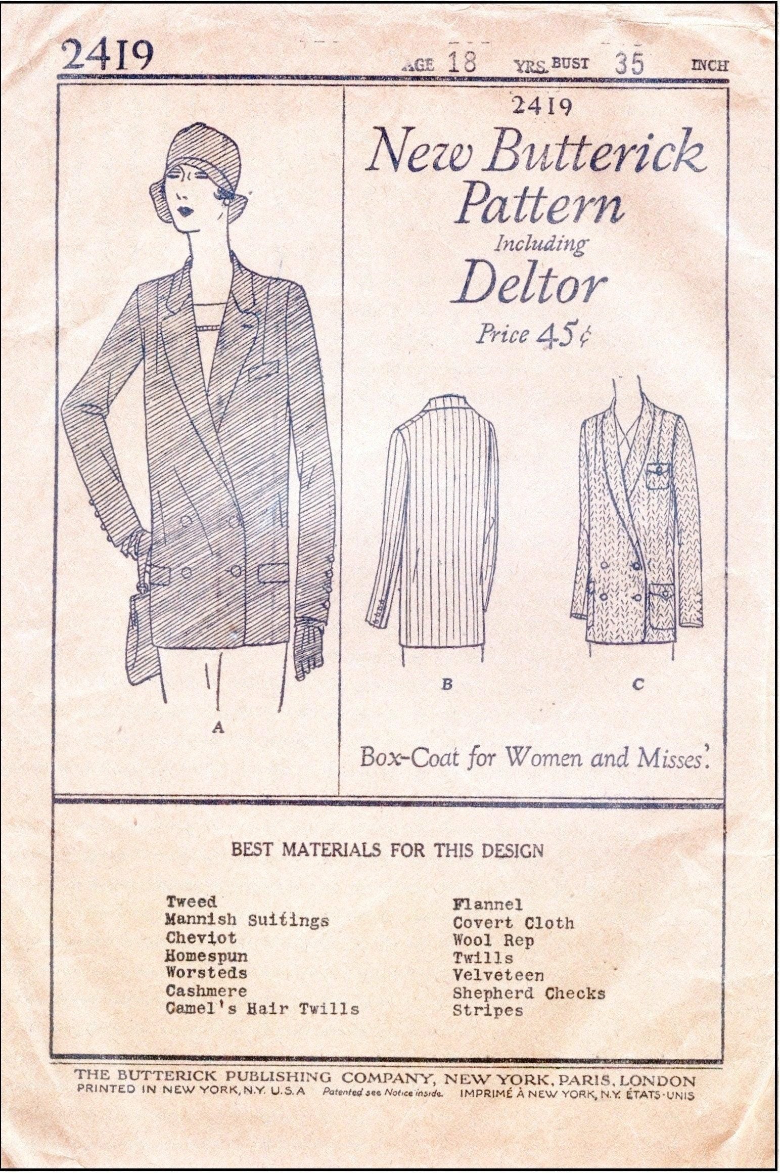 1920s Ladies Box-Coat Sports Blazer - INSTANT DOWNLOAD - Reproduction 1929 Sewing Pattern #Z2419 - 35 Inch Bust [PDF - PRINT AT HOME]