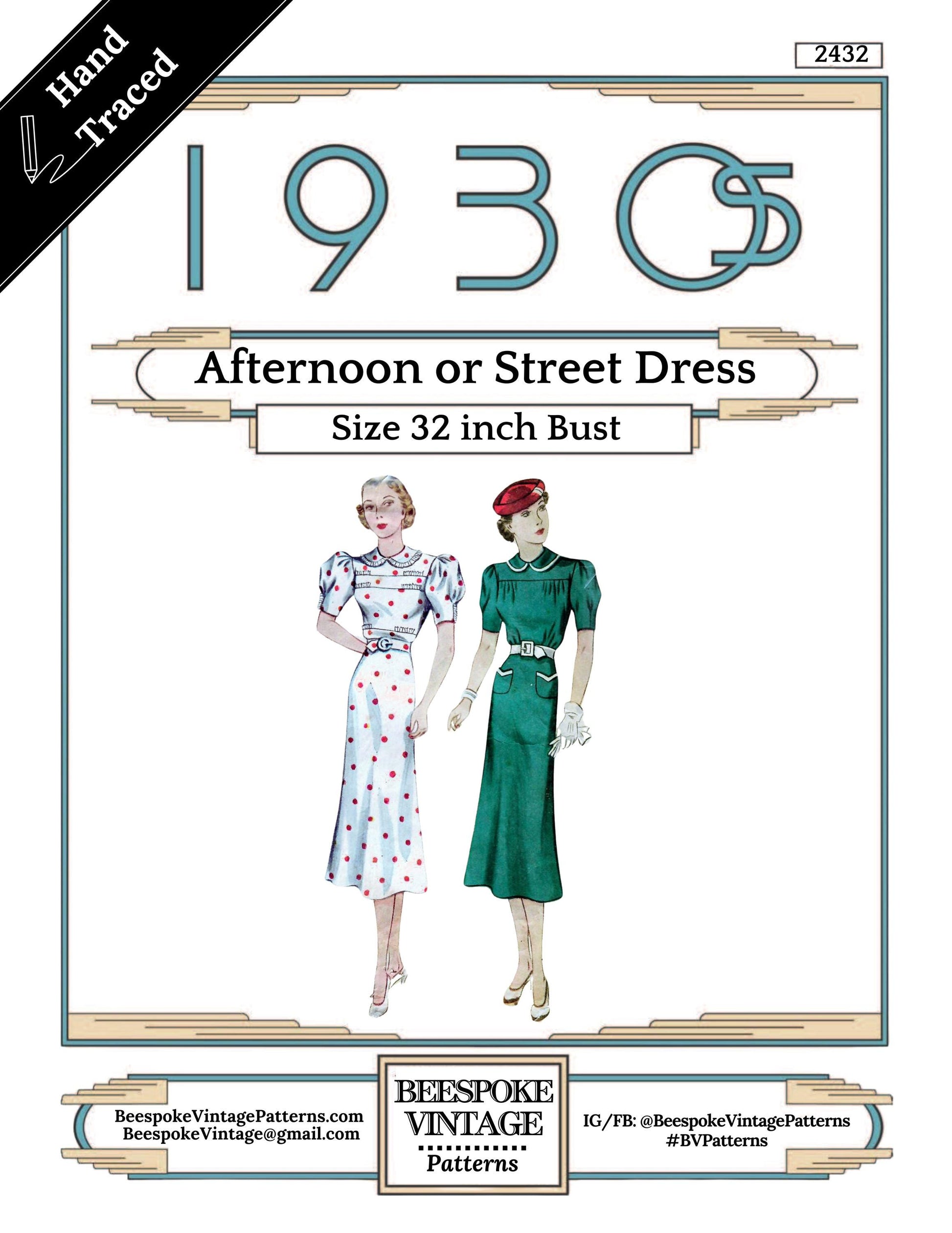 1930s Puffed Sleeve Tucked Front Dress Reproduction Vintage Pattern #2432 - Bust 32" PDF Print-At-Home