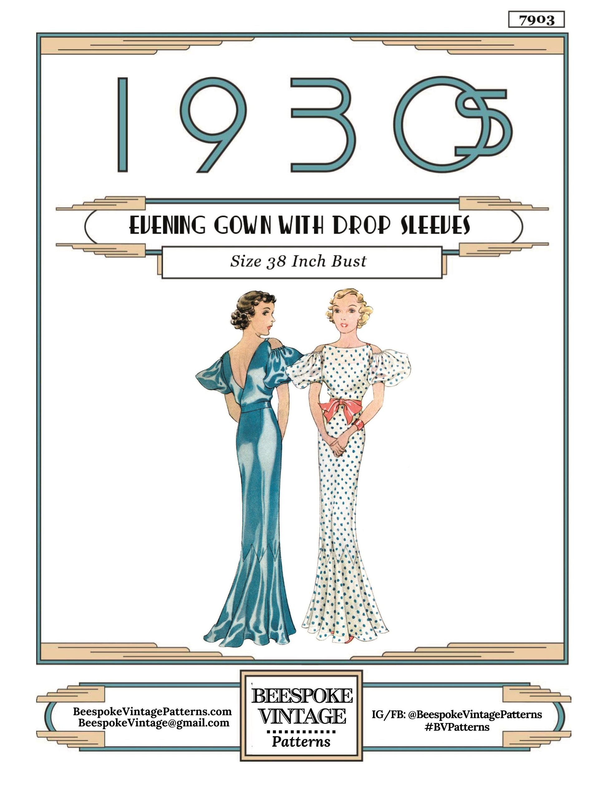 1930s Ladies Evening Gown With Drop Sleeves - INSTANT DOWNLOAD - Reproduction 1934 Sewing Pattern #T7903 - 38 Inch Bust -PDF - Print At Home