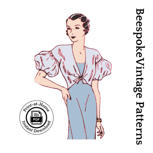 1930s Evening Jacket w/ Puff Sleeve - INSTANT DOWNLOAD - Reproduction 1933 Sewing Pattern #T0801 - 36 Inch Bust [PDF - PRINT AT HOME]