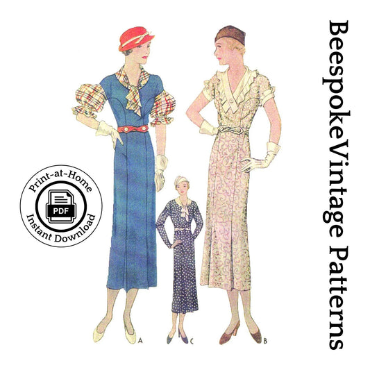 1930s Frock With Three Sleeve Options - INSTANT DOWNLOAD - Reproduction 1933 Sewing Pattern #T7451 - 42 Inch Bust [PDF - PRINT AT HOME]