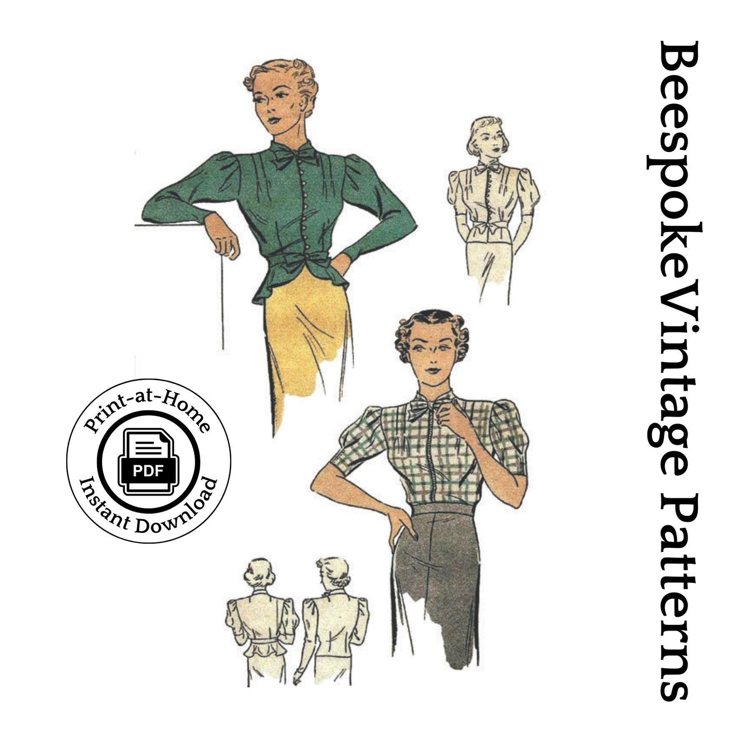 1930s Ladies Blouse With Optional Peplum and Sleeve - INSTANT DOWNLOAD - Reproduction 1937 Sewing Pattern #T1797 [PDF - PRINT AT HOME]