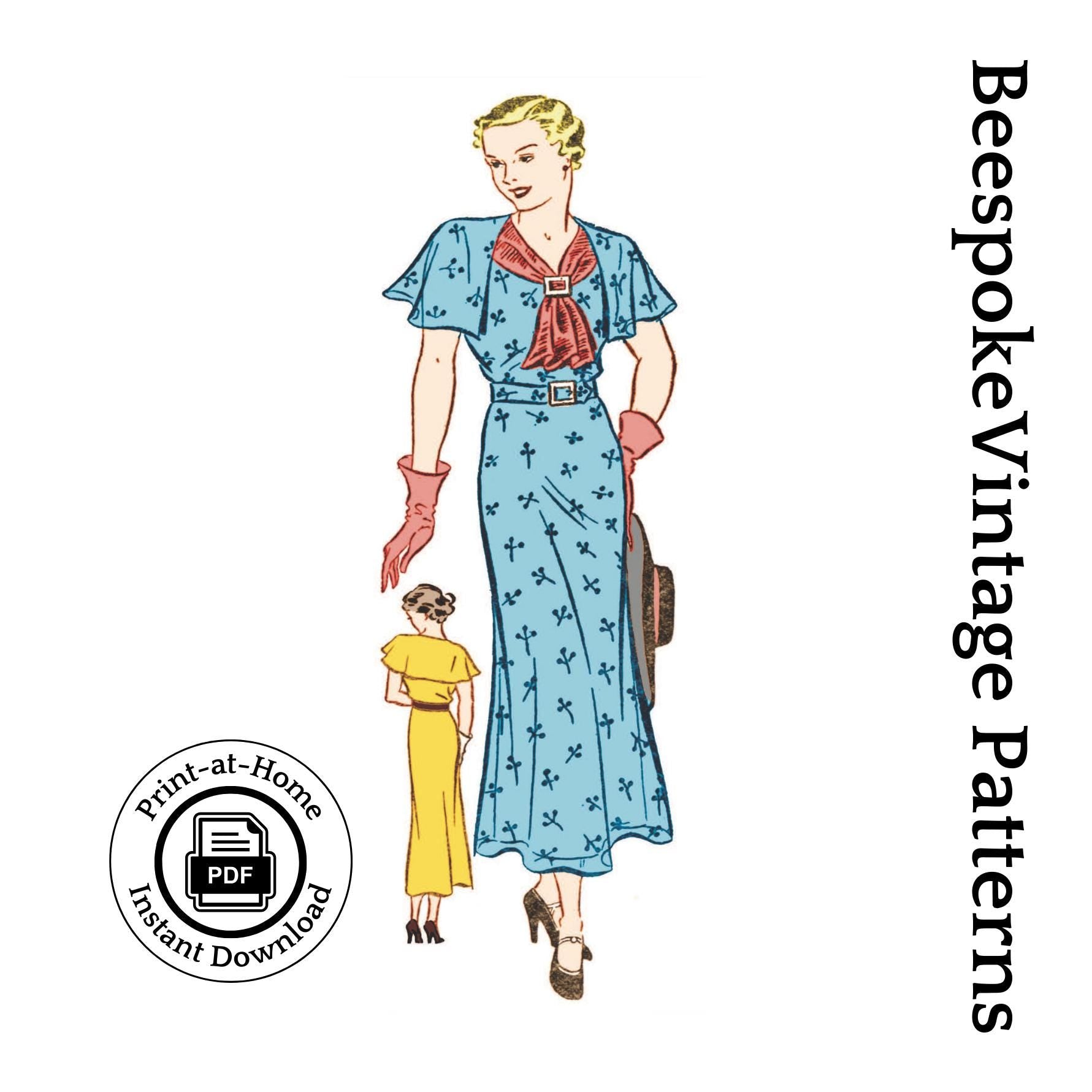 1930s Ladies Capelet Dress With Front Scarf Tie - INSTANT DOWNLOAD - Pattern #T3412 - 38 Inch Bust [PDF - PRINT AT HOME]
