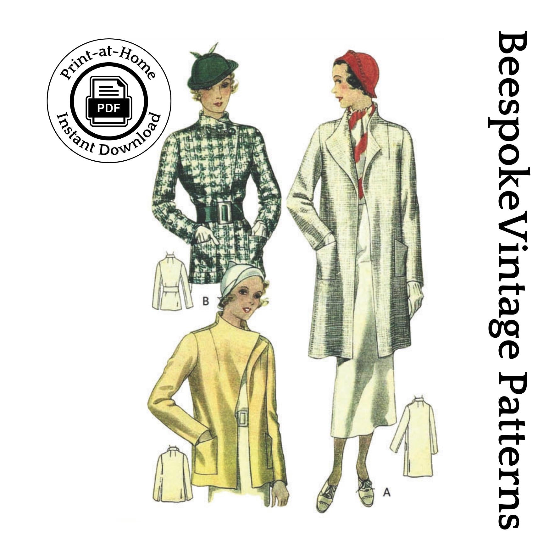 1930s Ladies Coat In Two Lengths - INSTANT DOWNLOAD - Reproduction 1934 Sewing Pattern #T7758 - 40 Inch Bust [PDF - PRINT AT HOME]